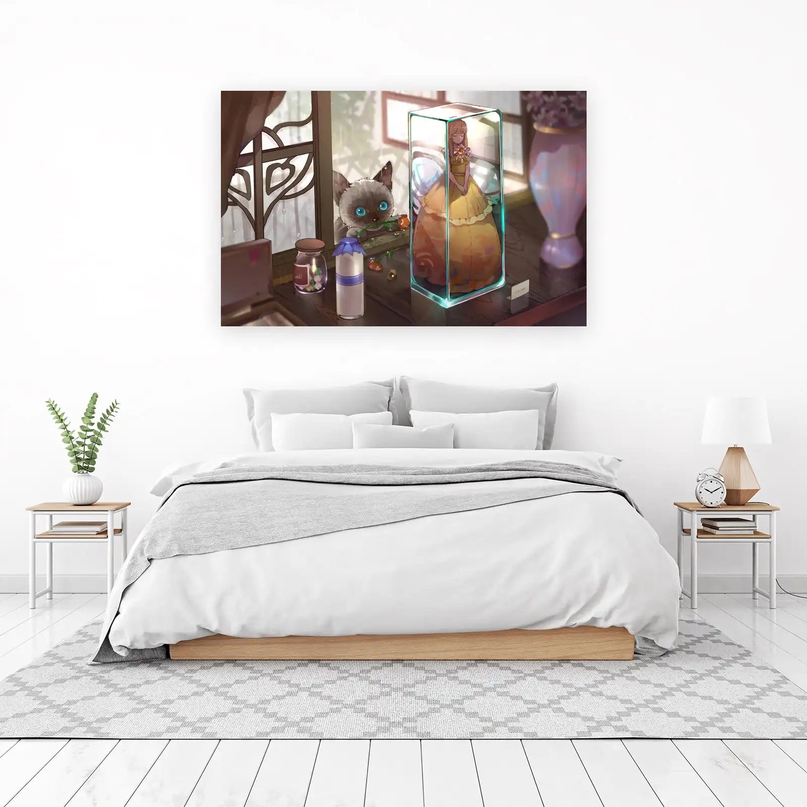 Enchanting Girl Doll & Cute Cat Rainy Day Wall Art