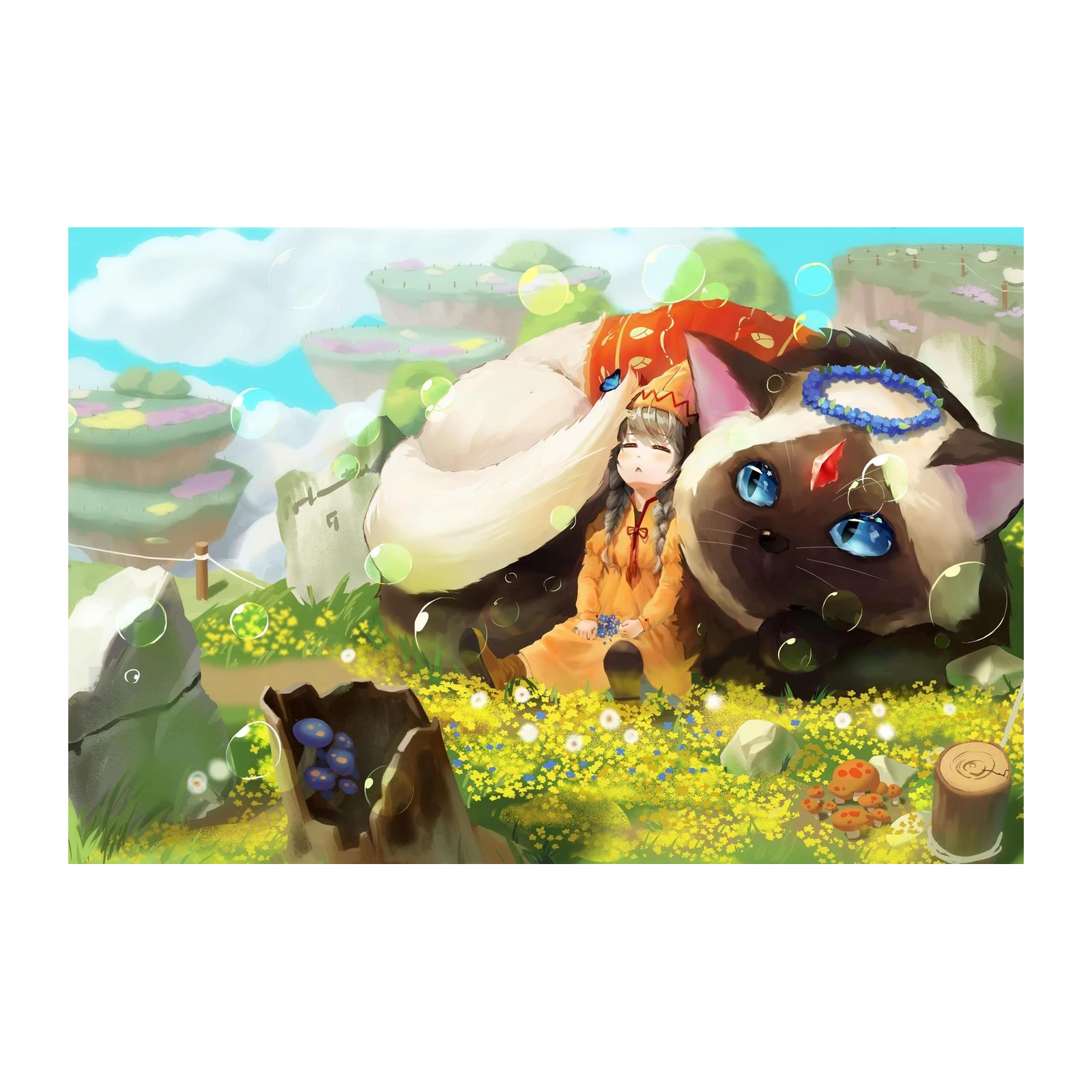 Anime Girl & Giant Cat Dreamscape Wall Art