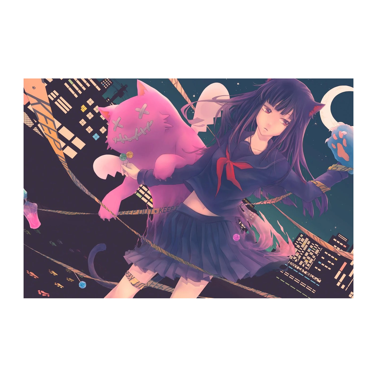Anime Cat Girl Cityscape Wall Art