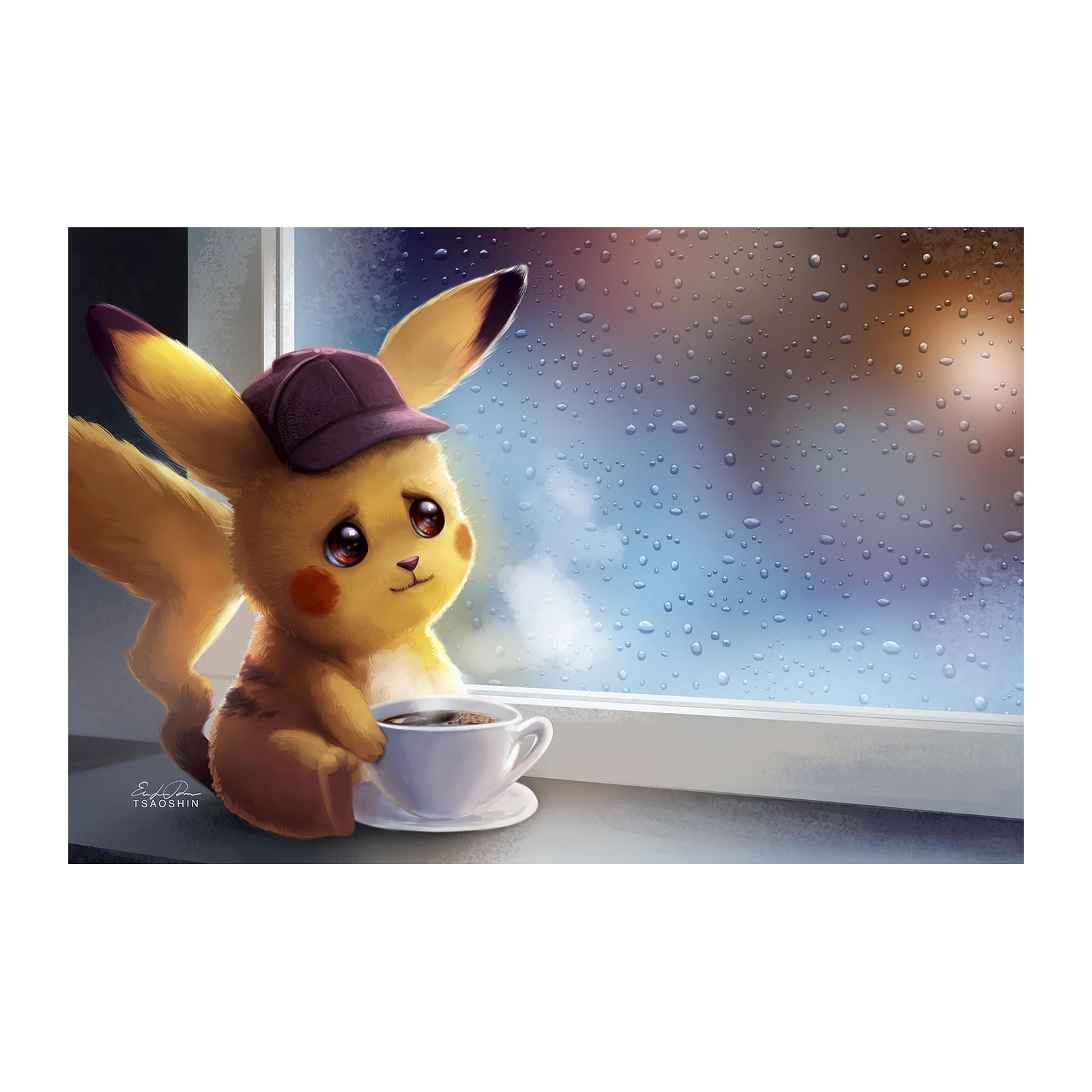 Cozy Detective Pikachu Rainy Day Wall Art