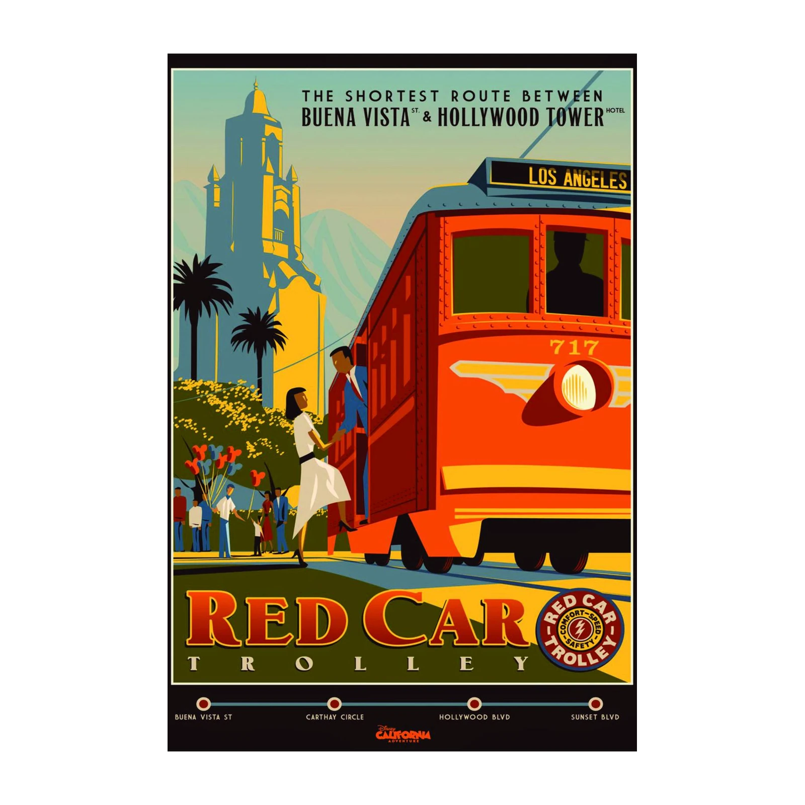 Retro LA Red Car Trolley Hollywood Vintage Wall Art
