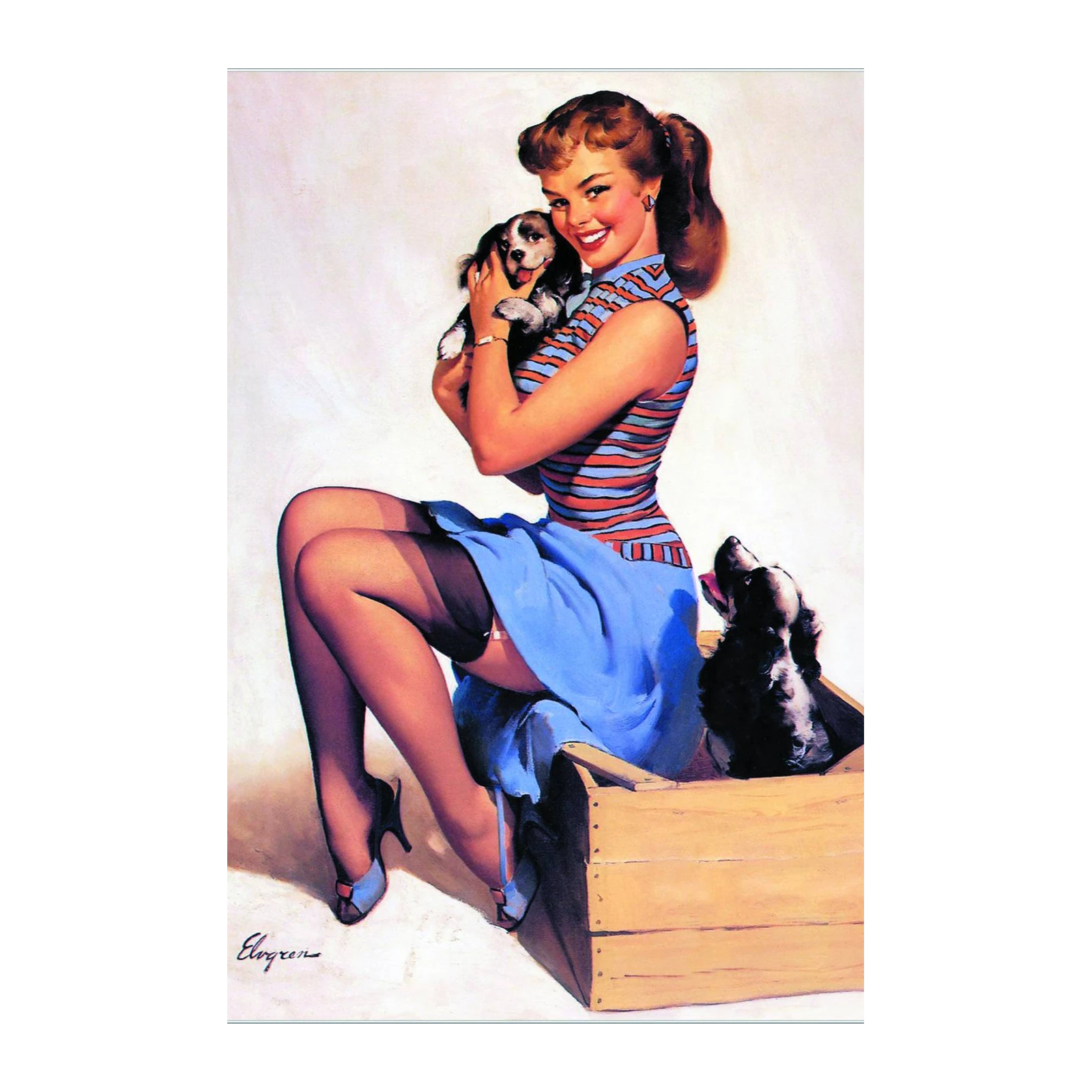 Retro Pin-Up Girl with Puppies Wall Art