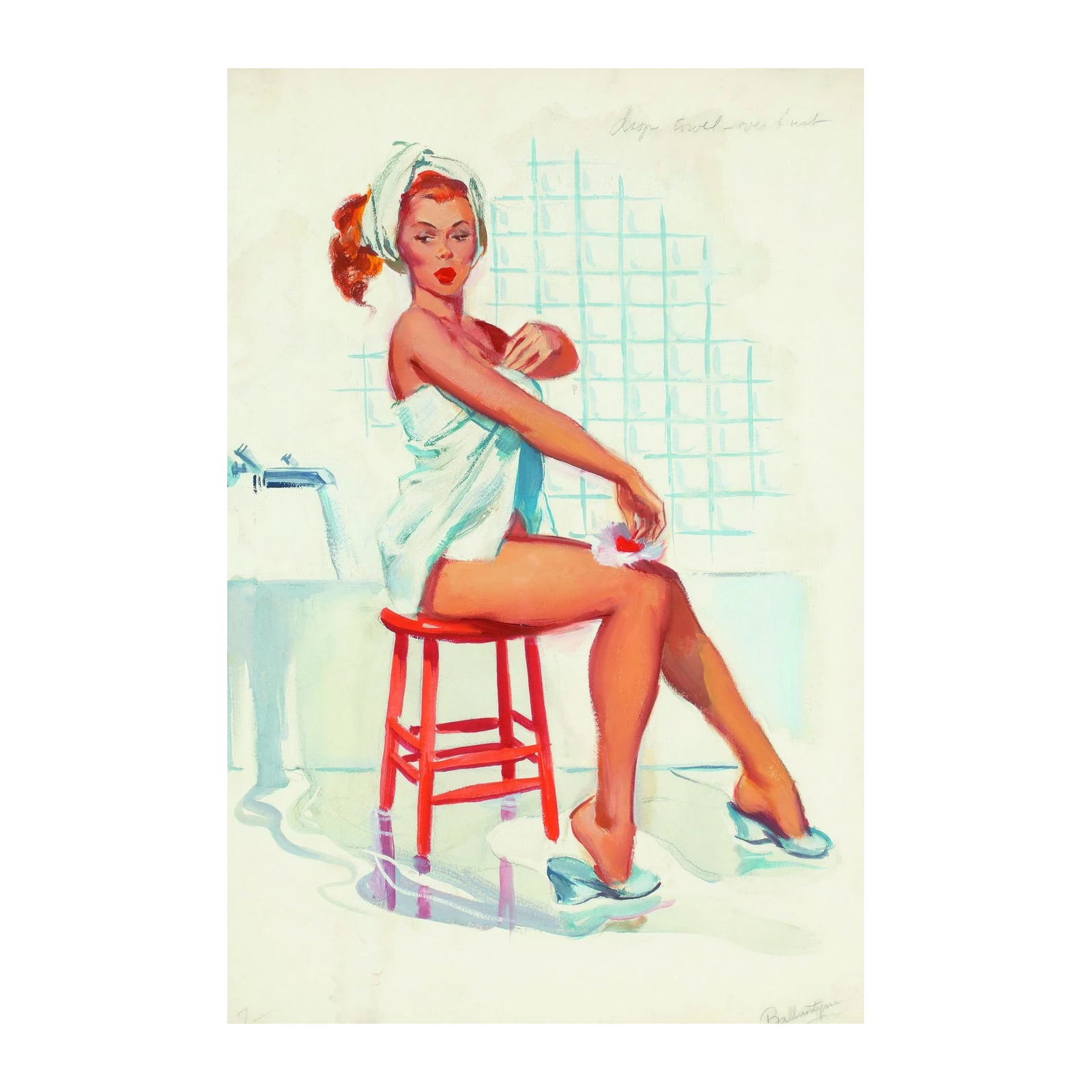 Retro Pin-Up Woman Bathroom Scene Wall Art