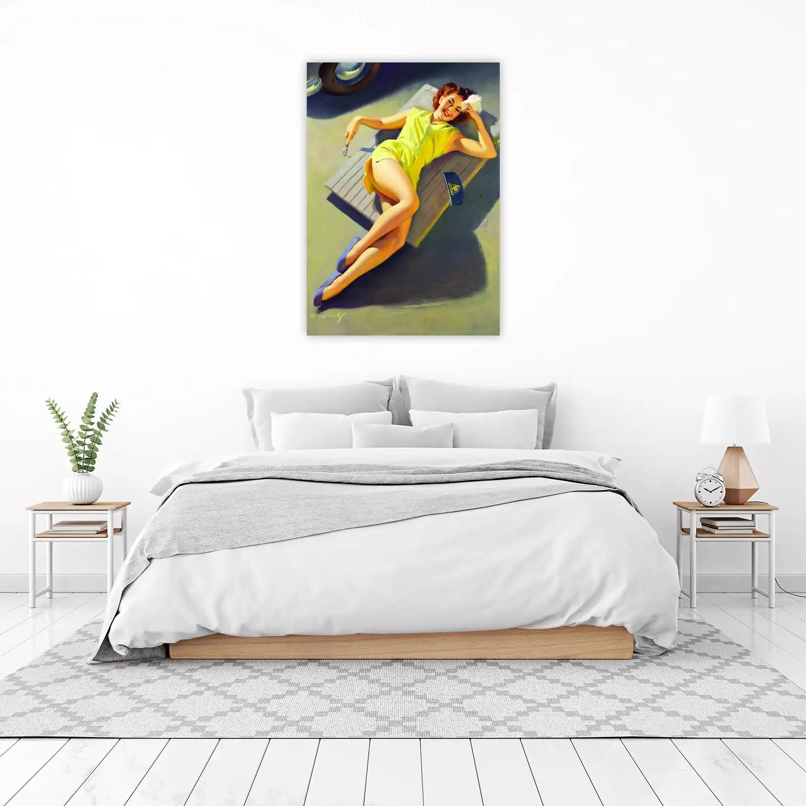 Retro Mechanic Pin-Up Girl Yellow Dress Wall Art