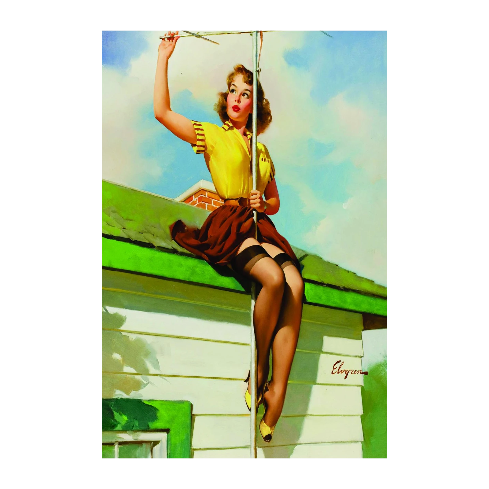 Retro Pin-Up Girl on Roof Wall Art