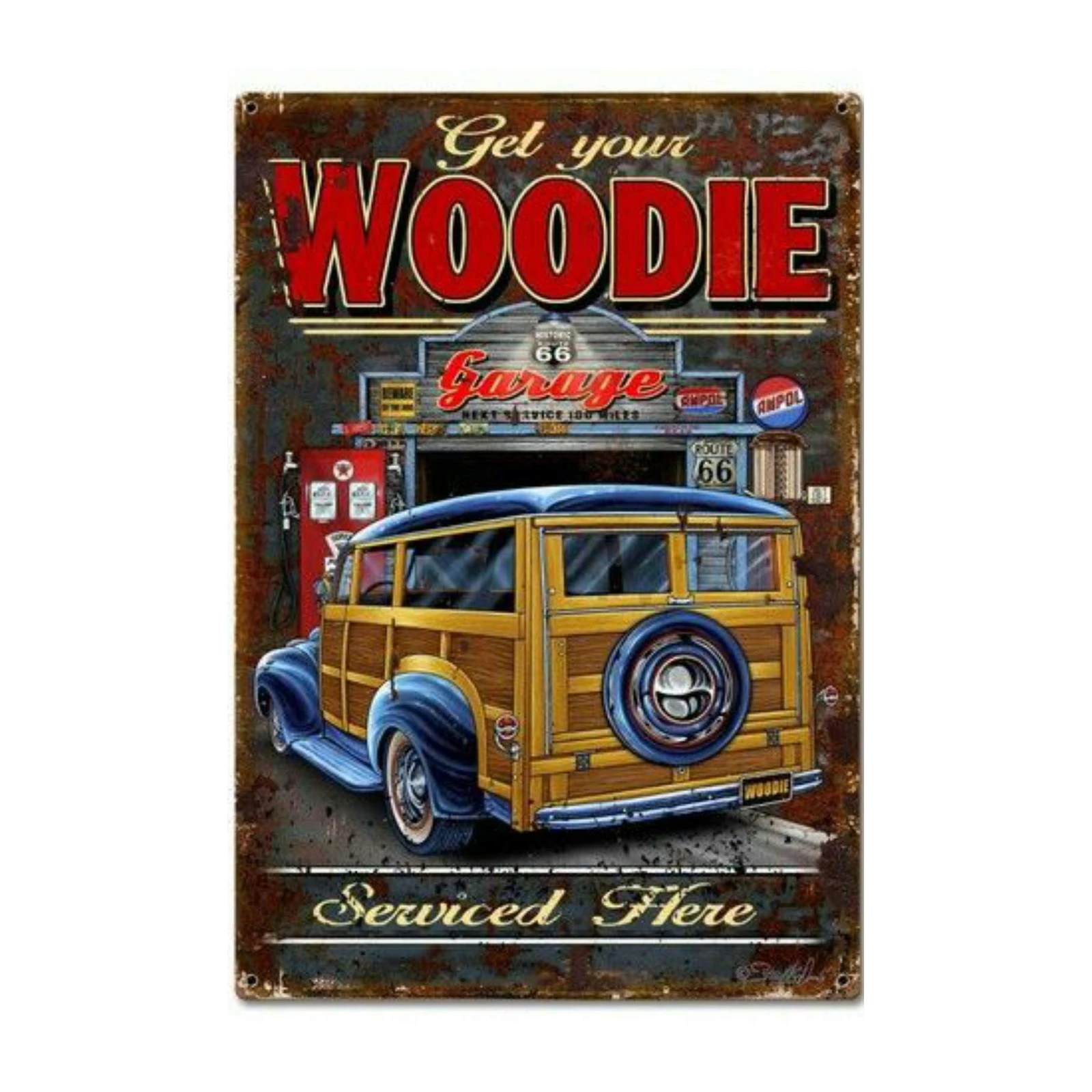 Retro Woodie Garage Route 66 Wall Art
