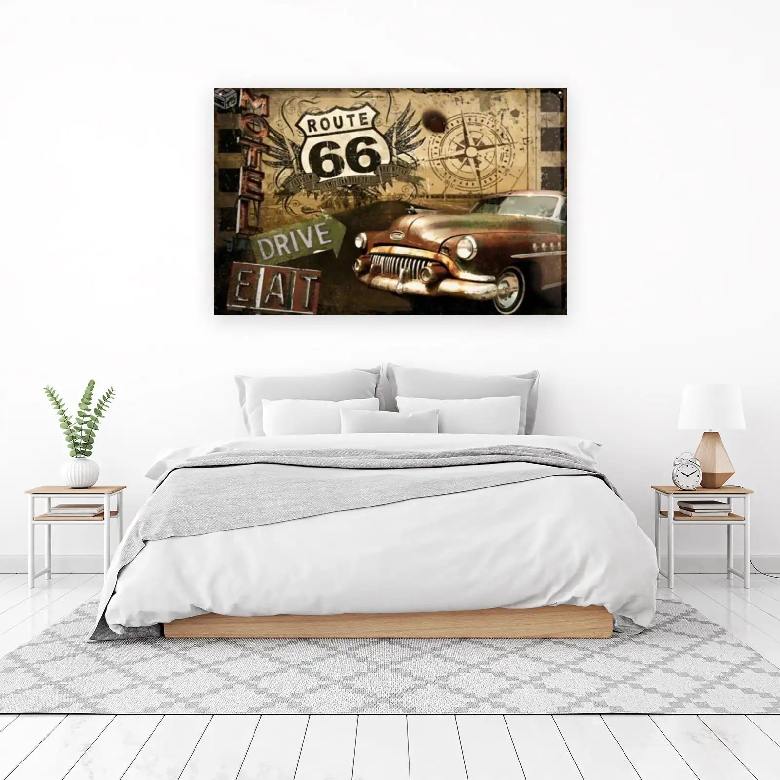 Vintage Route 66 Car & Compass Wall Art