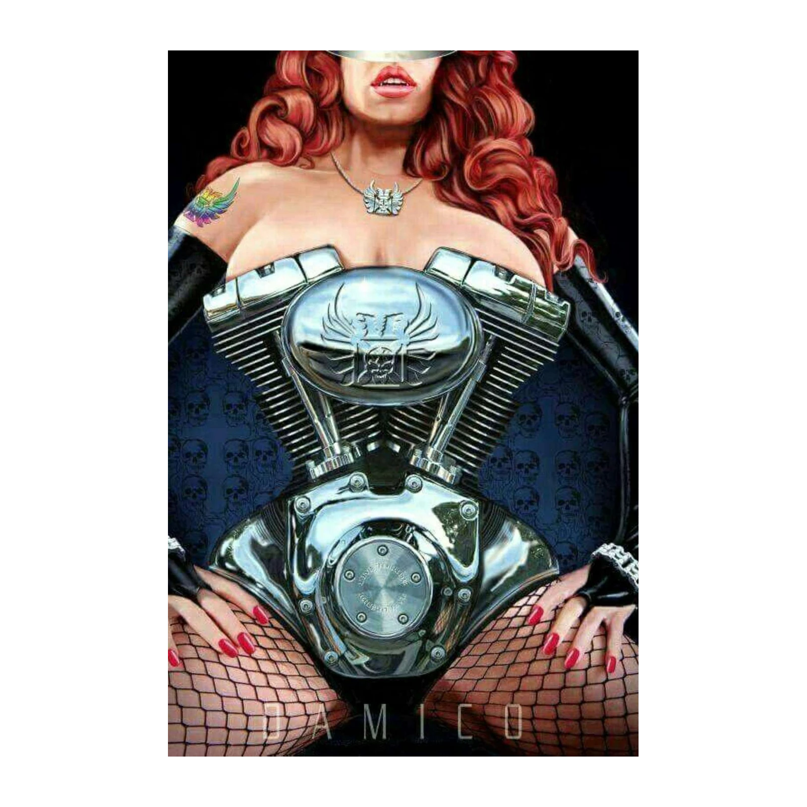 Chrome Biker Babe & Motorcycle Engine Wall Art