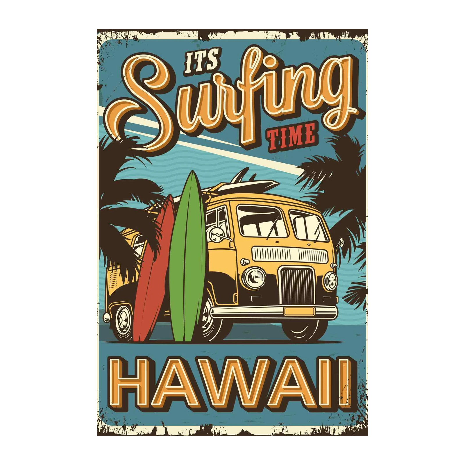 Vintage Hawaii Surfing Van Wall Art