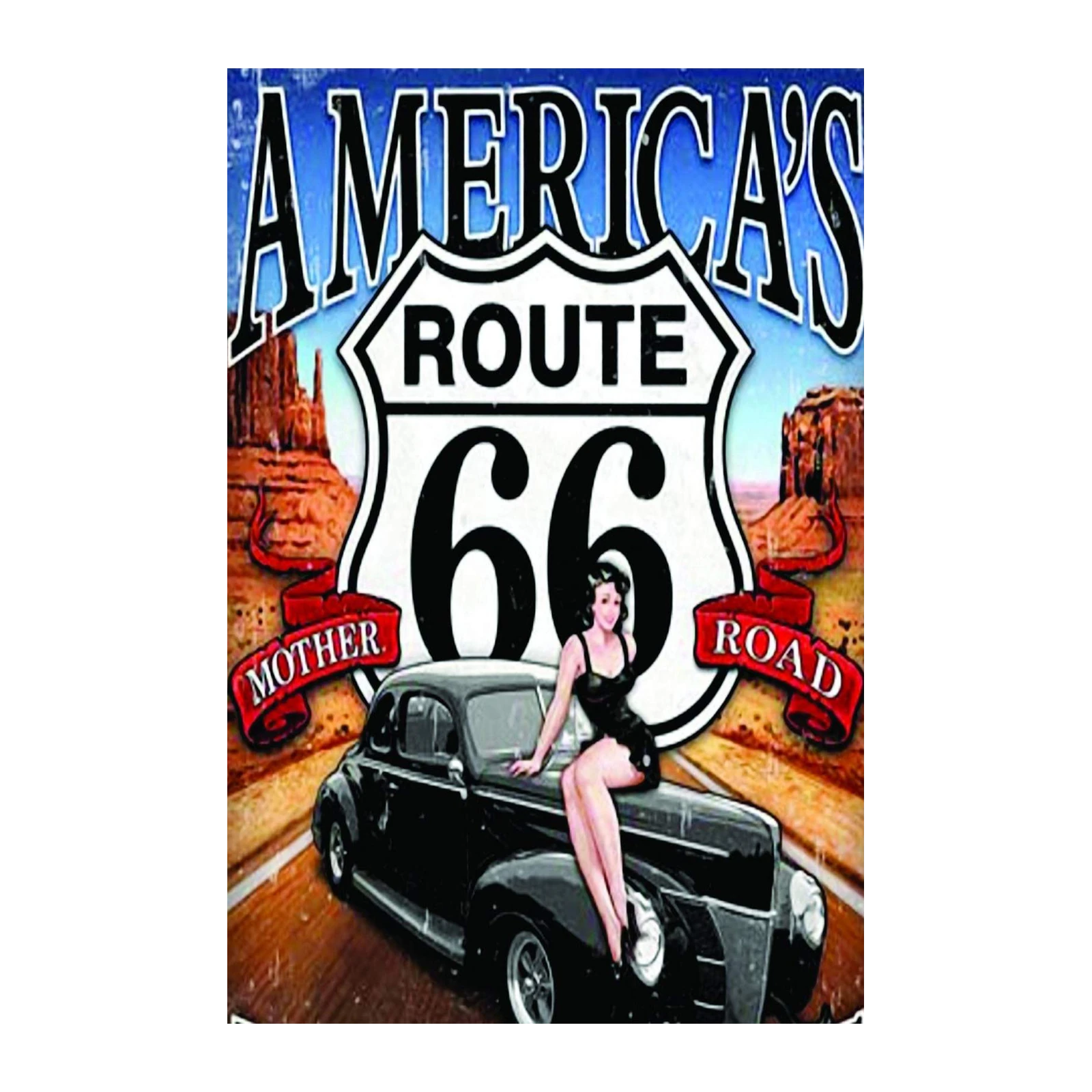 Retro Route 66 Pin-Up Car Wall Art