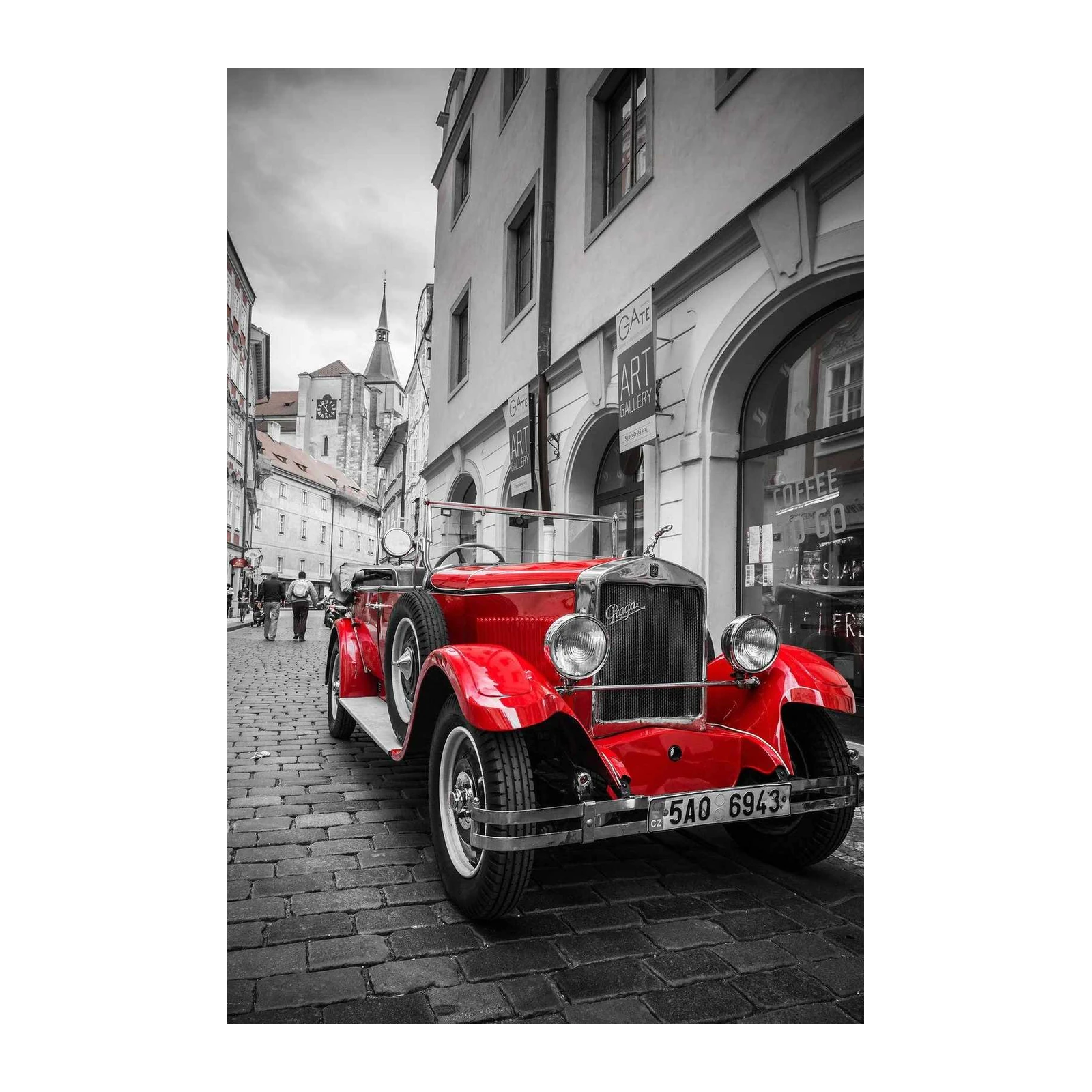 Vintage Red Car Street Scene Wall Art