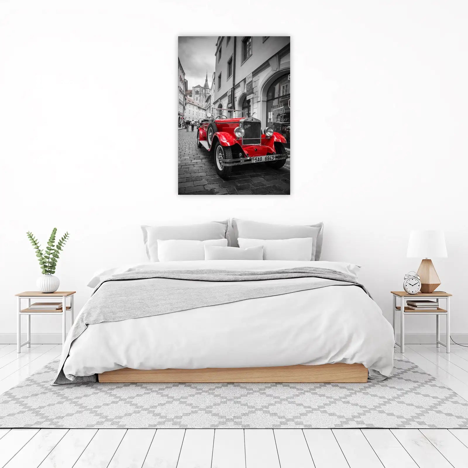 Vintage Red Car Street Scene Wall Art