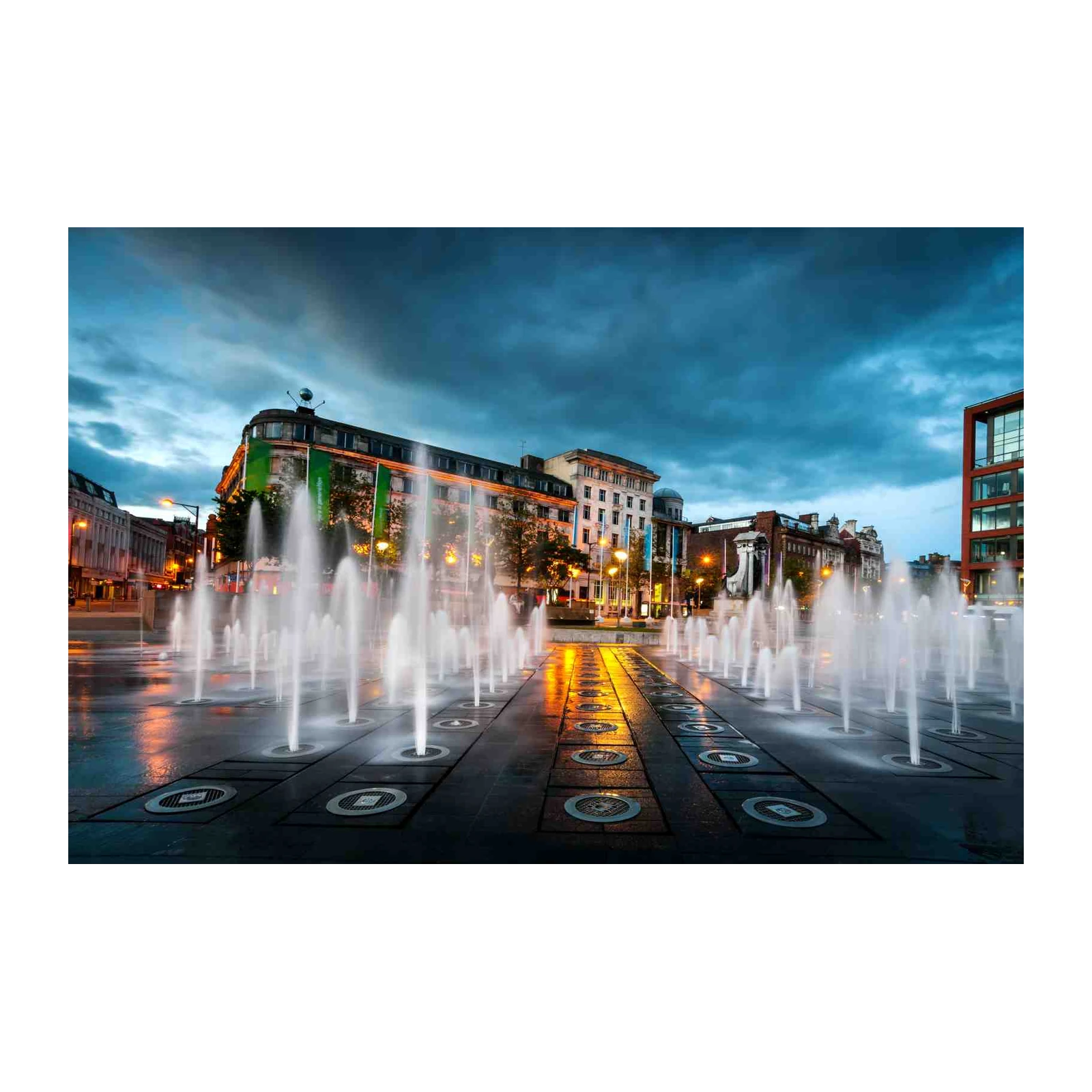Urban Fountain at Dusk Wall Art
