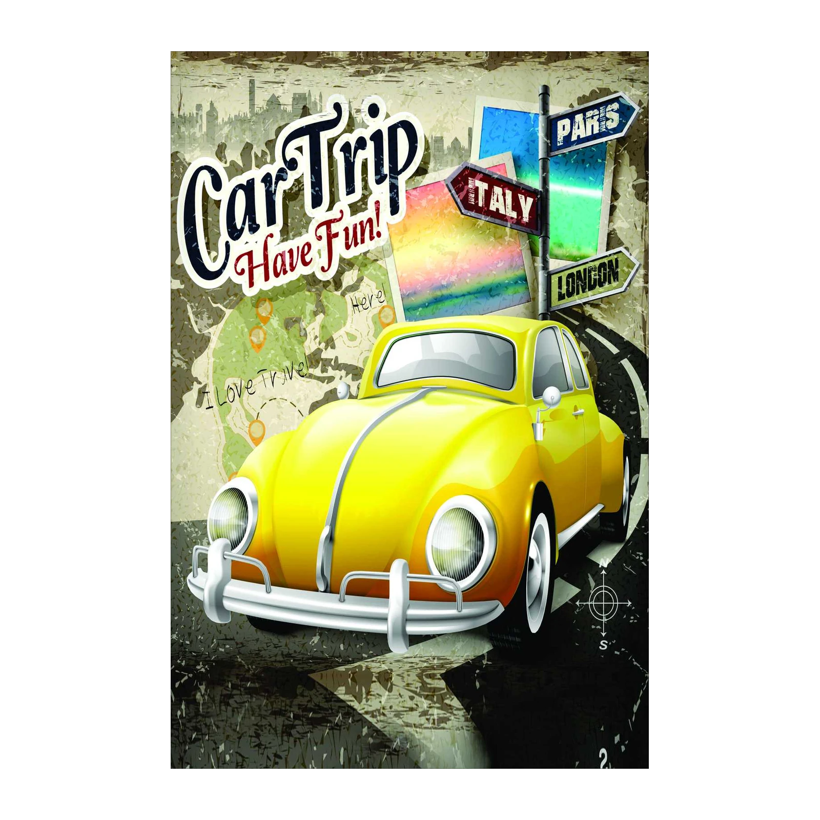 Retro Yellow Car Road Trip Vintage Wall Art