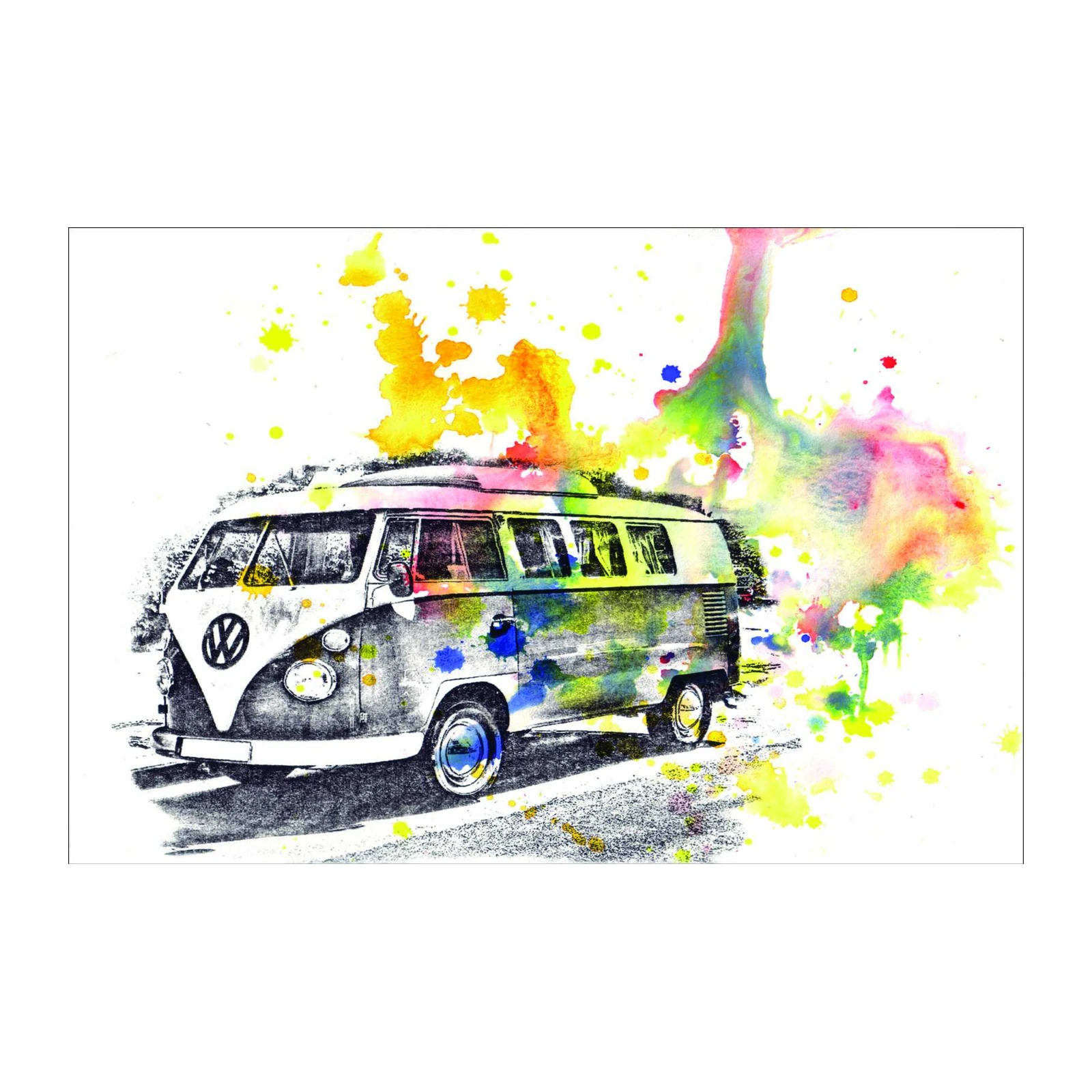 Retro VW Bus Watercolor Splatter Wall Art