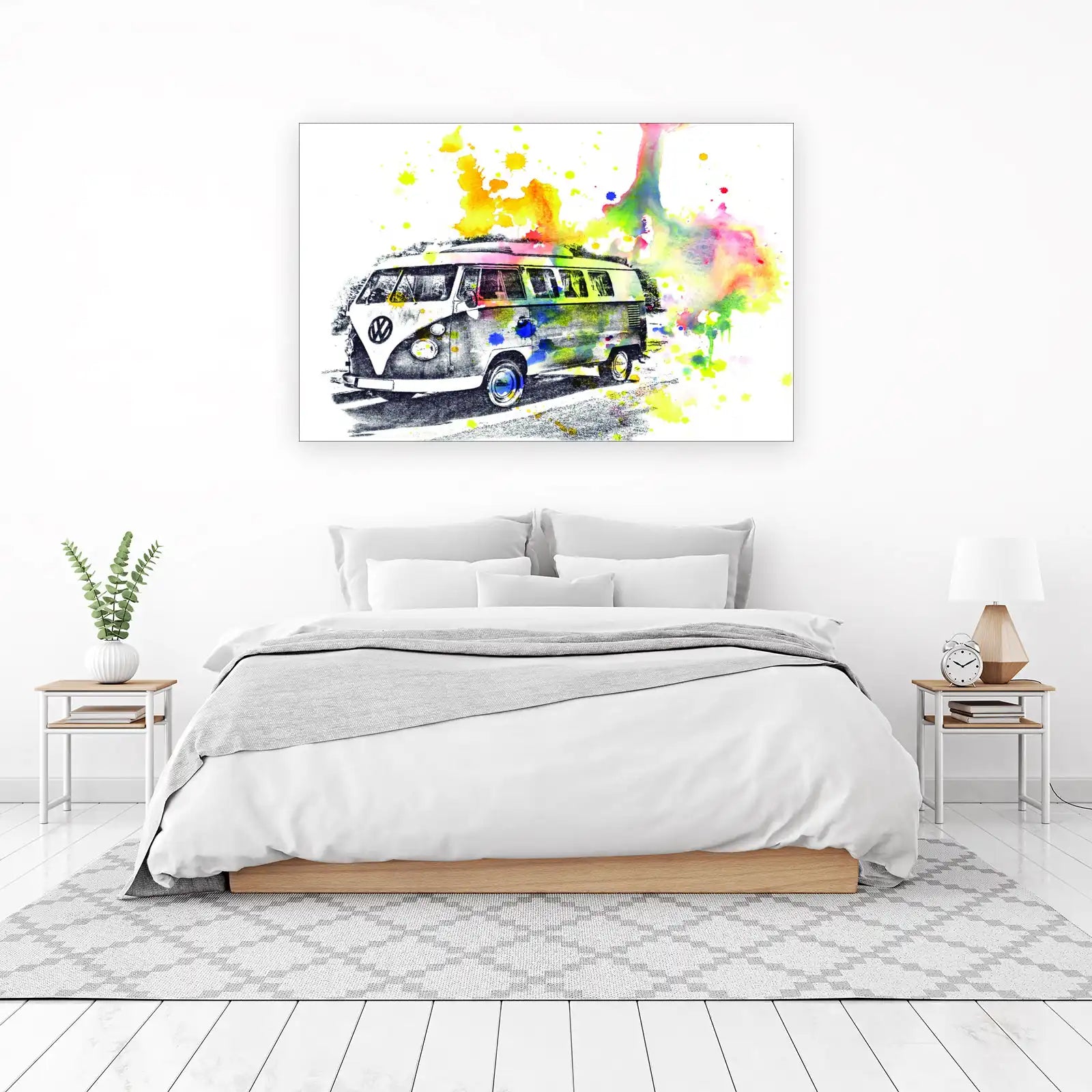 Retro VW Bus Watercolor Splatter Wall Art