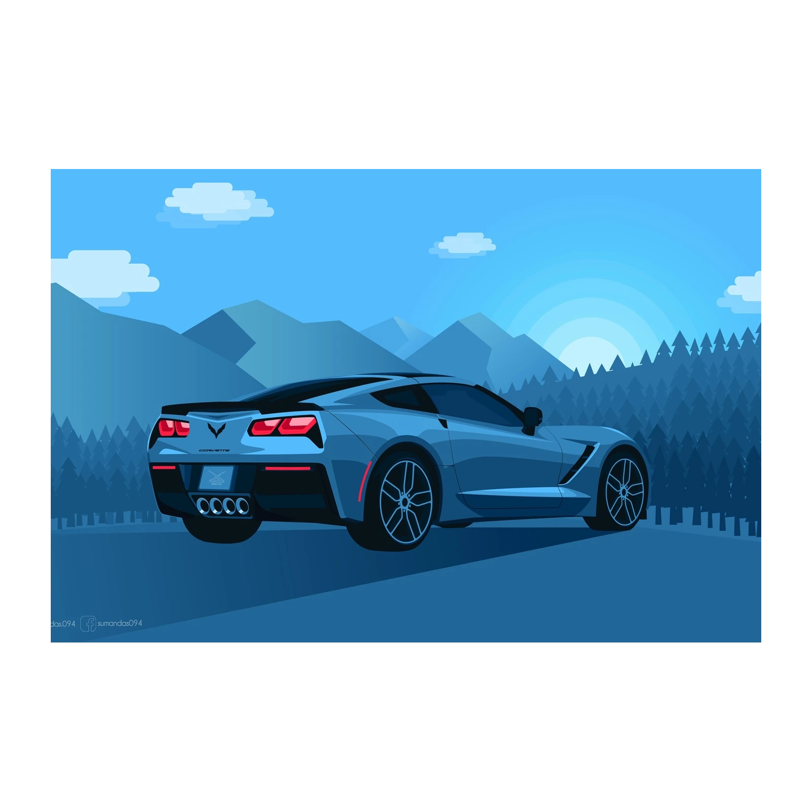 Blue Corvette Mountain Sunrise Wall Art