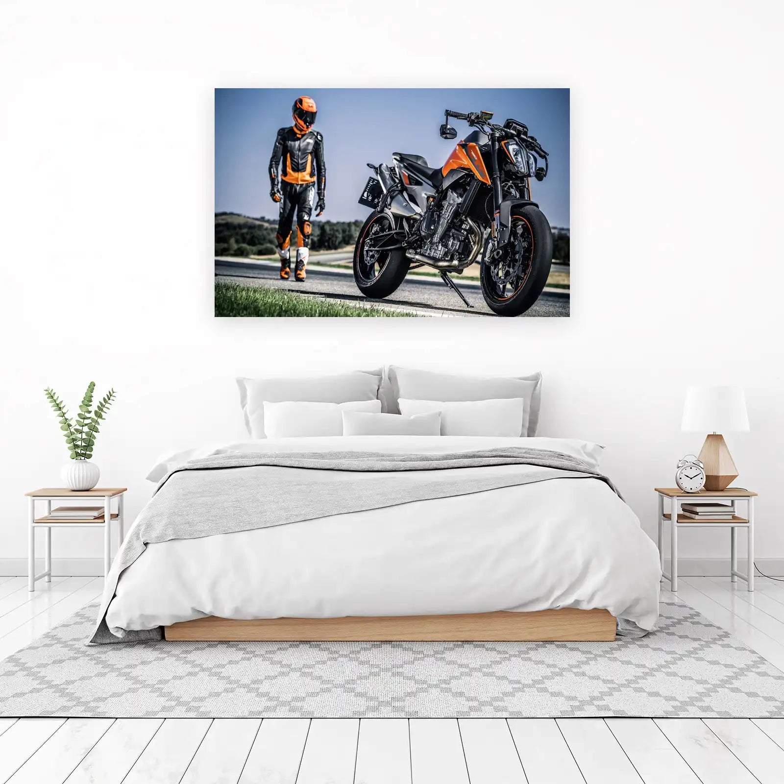 Dynamic Orange & Black Motorcycle Rider Wall Art
