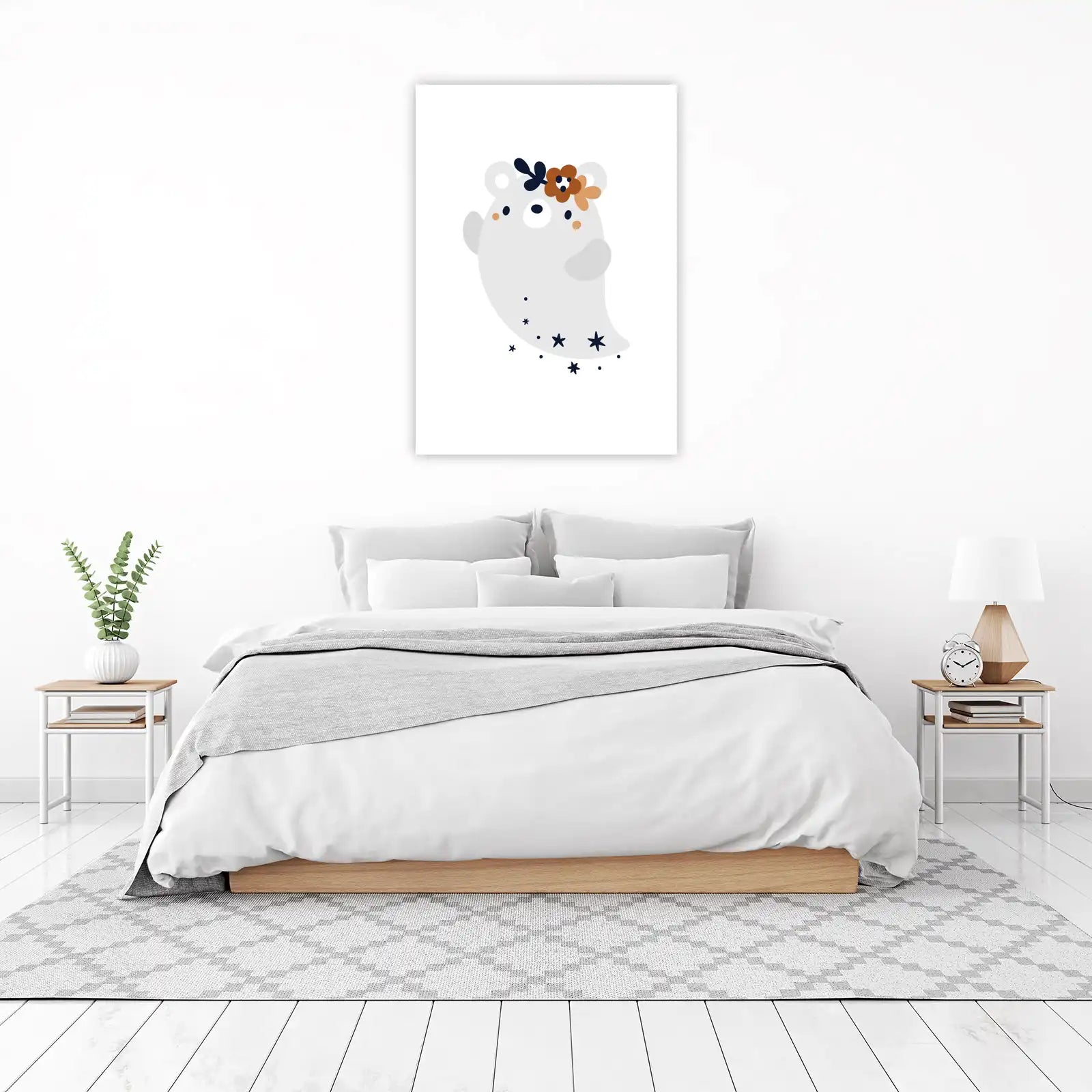 Cute Ghost Bear Floral Wall Art