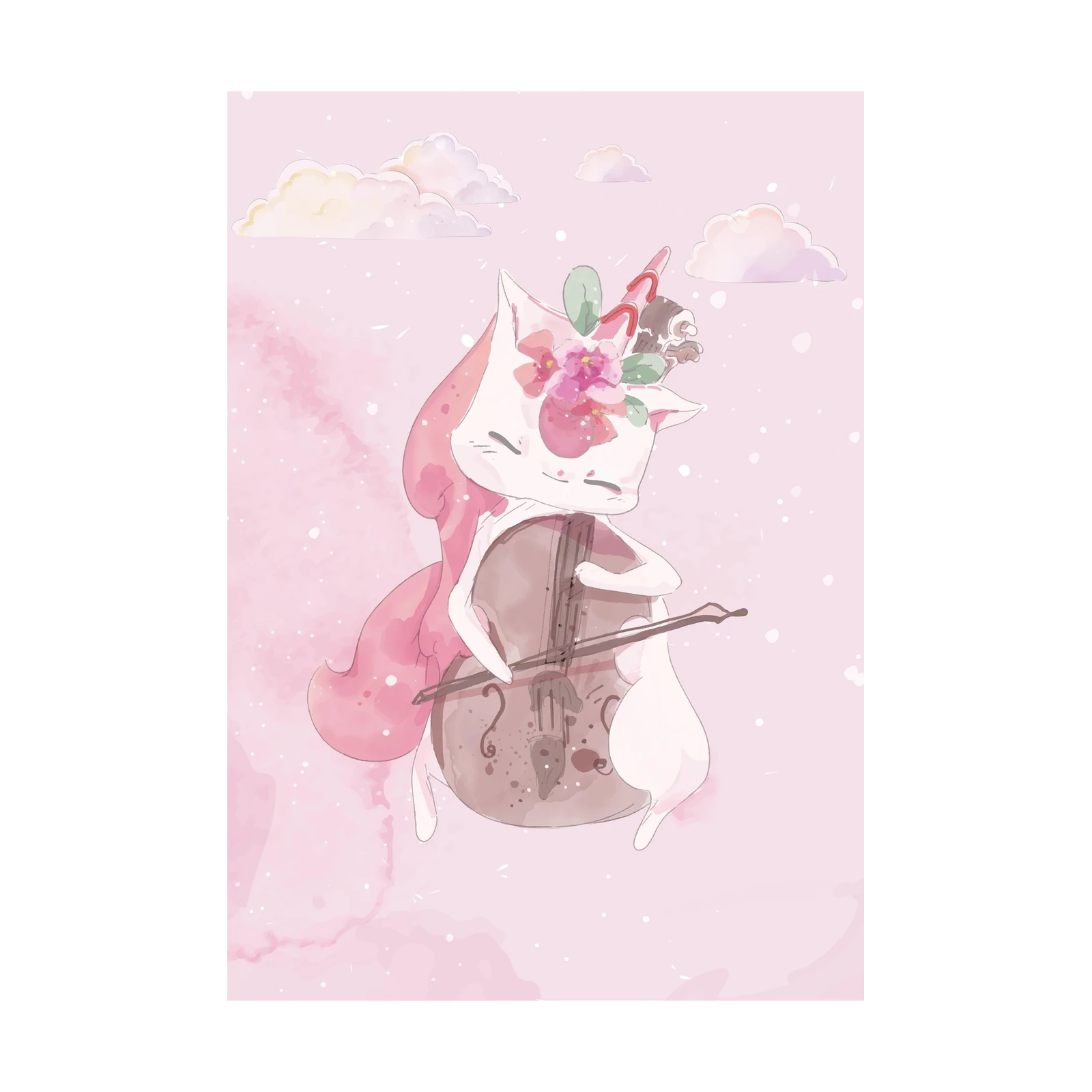 Whimsical Cello Cat Unicorn Floral Wall Art