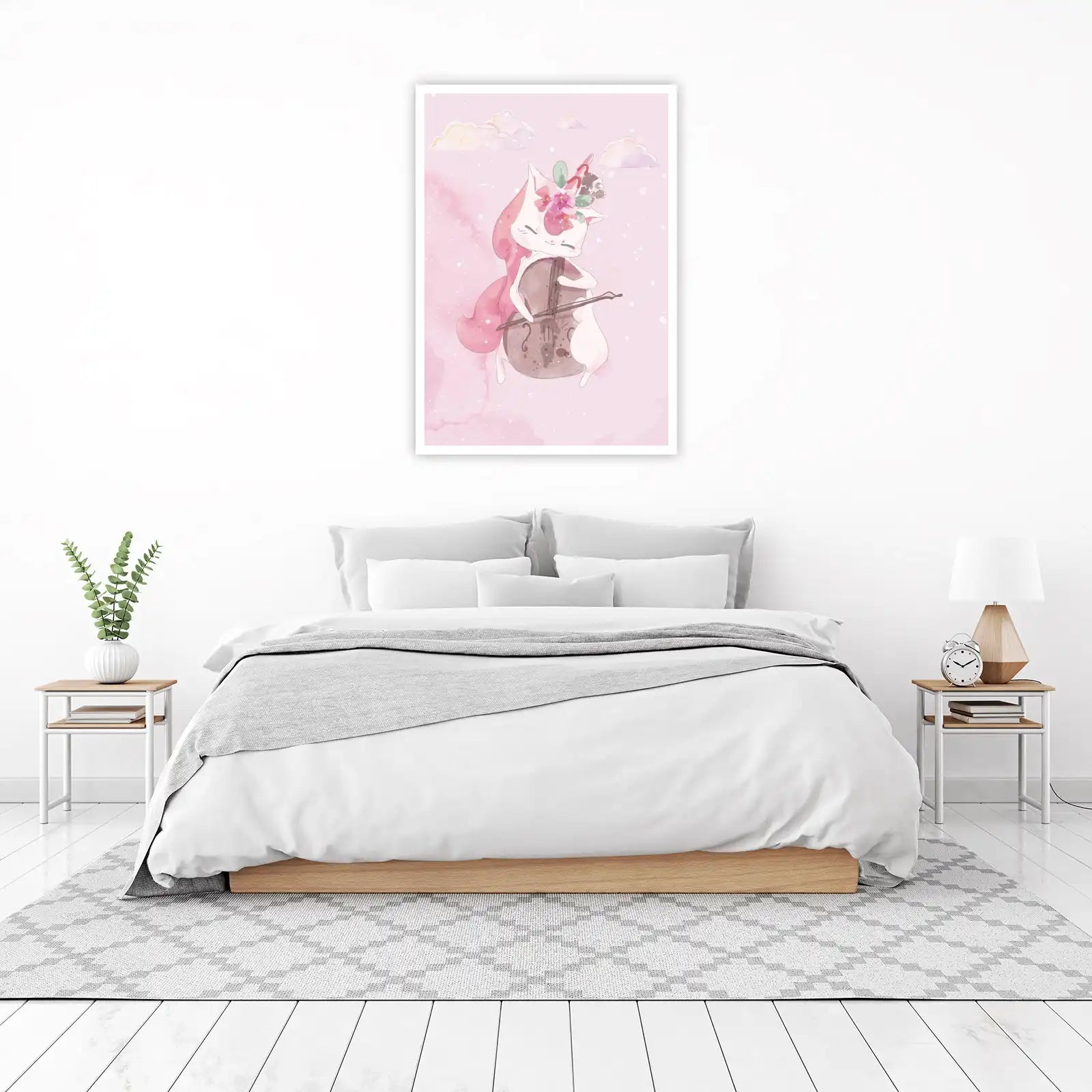 Whimsical Cello Cat Unicorn Floral Wall Art