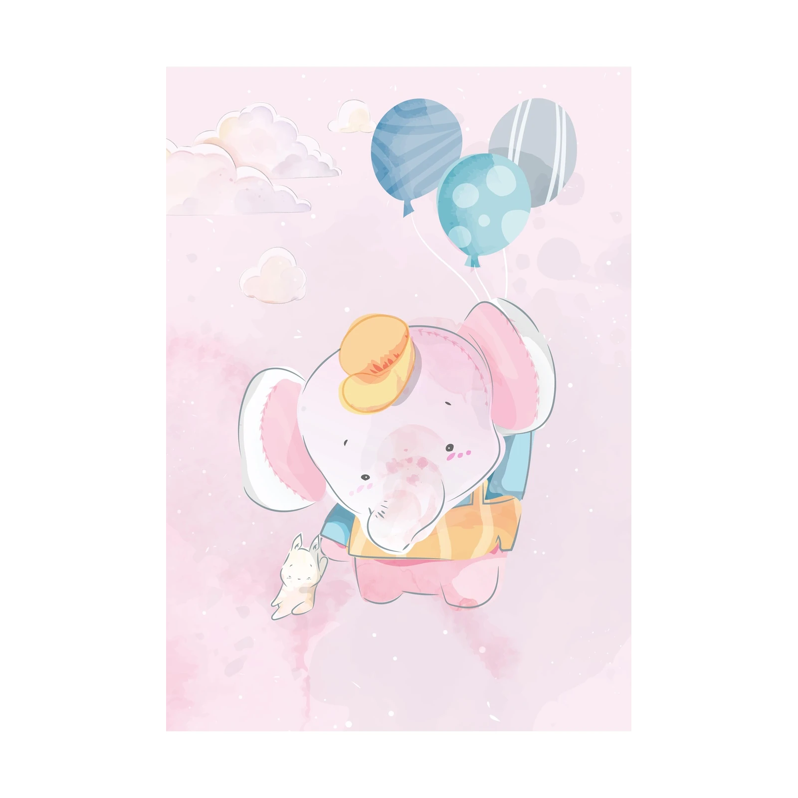 Whimsical Elephant & Bunny Balloon Ride Wall Art
