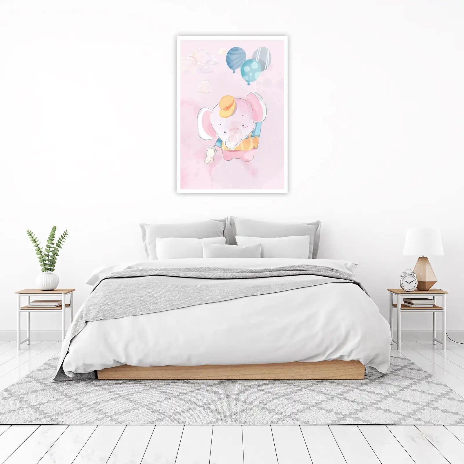 Whimsical Elephant & Bunny Balloon Ride Wall Art