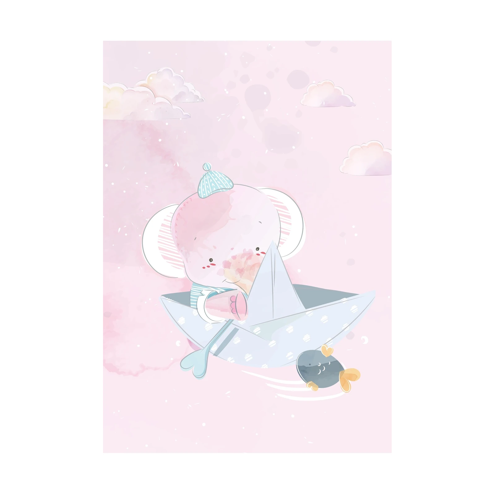 Cute Elephant Sailing Paper Boat Wall Art