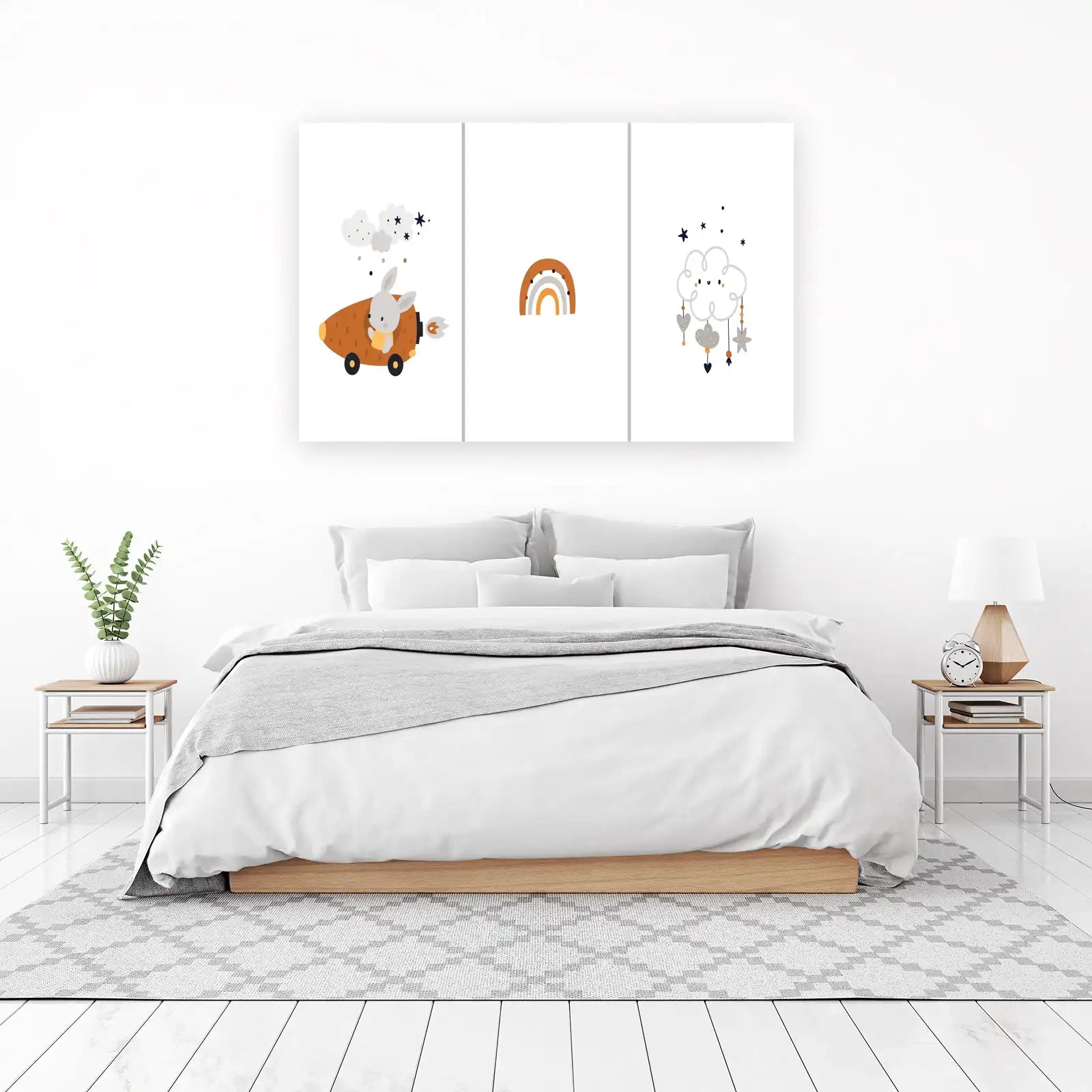 Boho Bunny Rocket Rainbow Cloud Wall Art