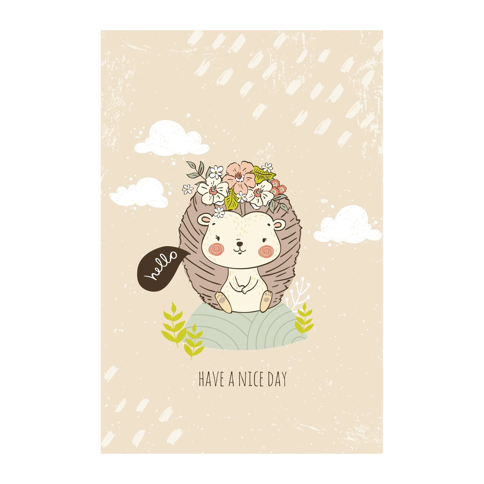 Cute Hedgehog 'Hello' Floral Wall Art