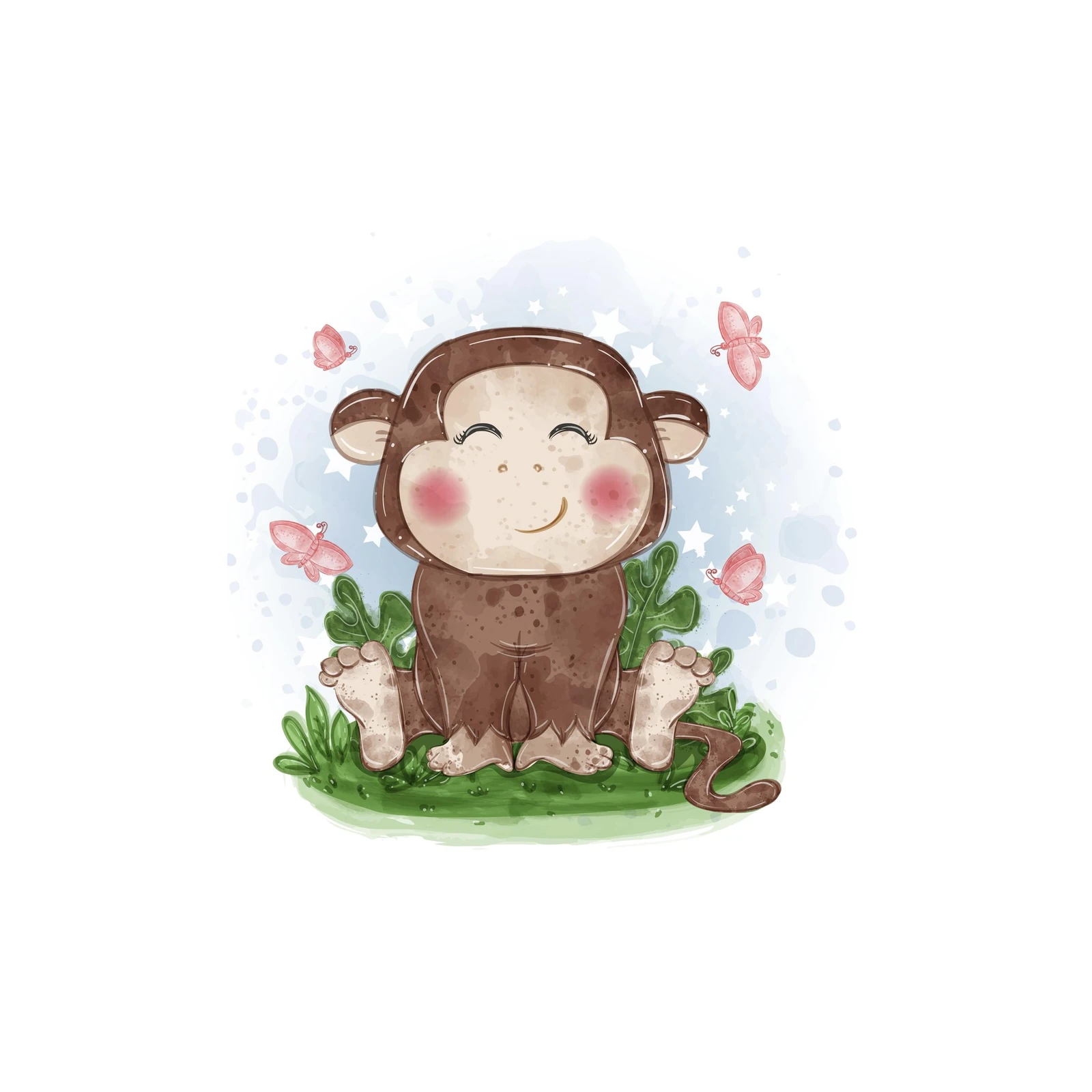 Cute Monkey & Butterflies Watercolor Wall Art
