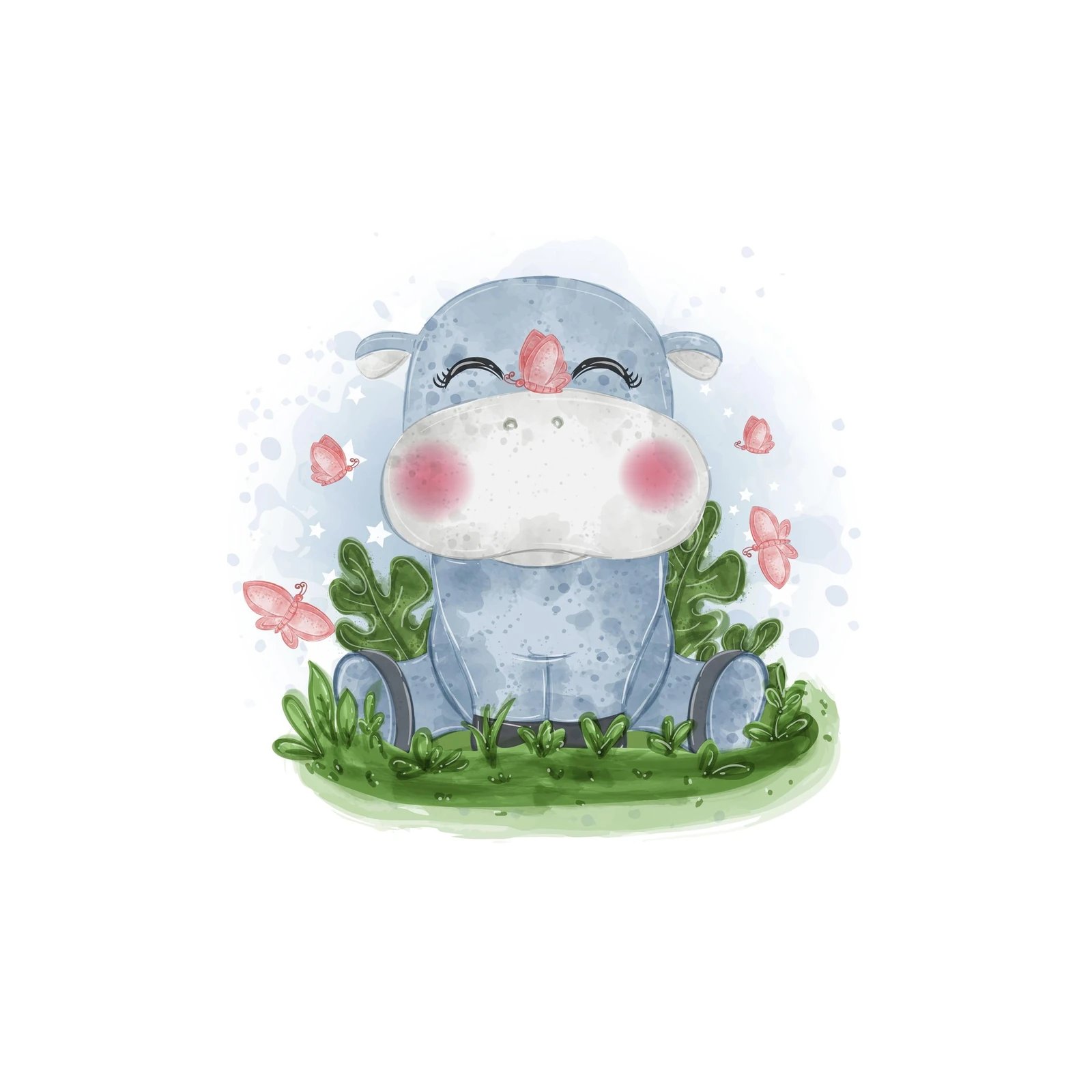 Cute Hippo & Butterflies Nursery Wall Art