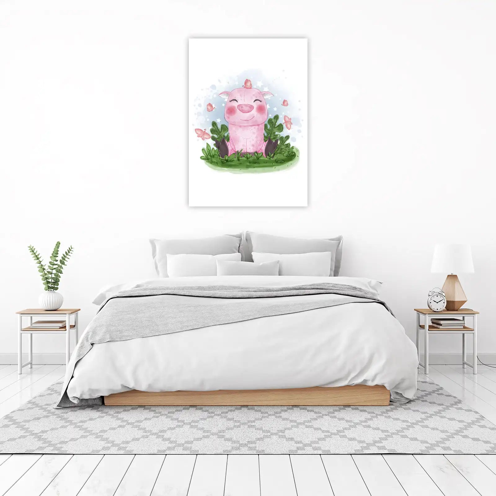 Cute Pink Pig & Butterfly Nursery Wall Art