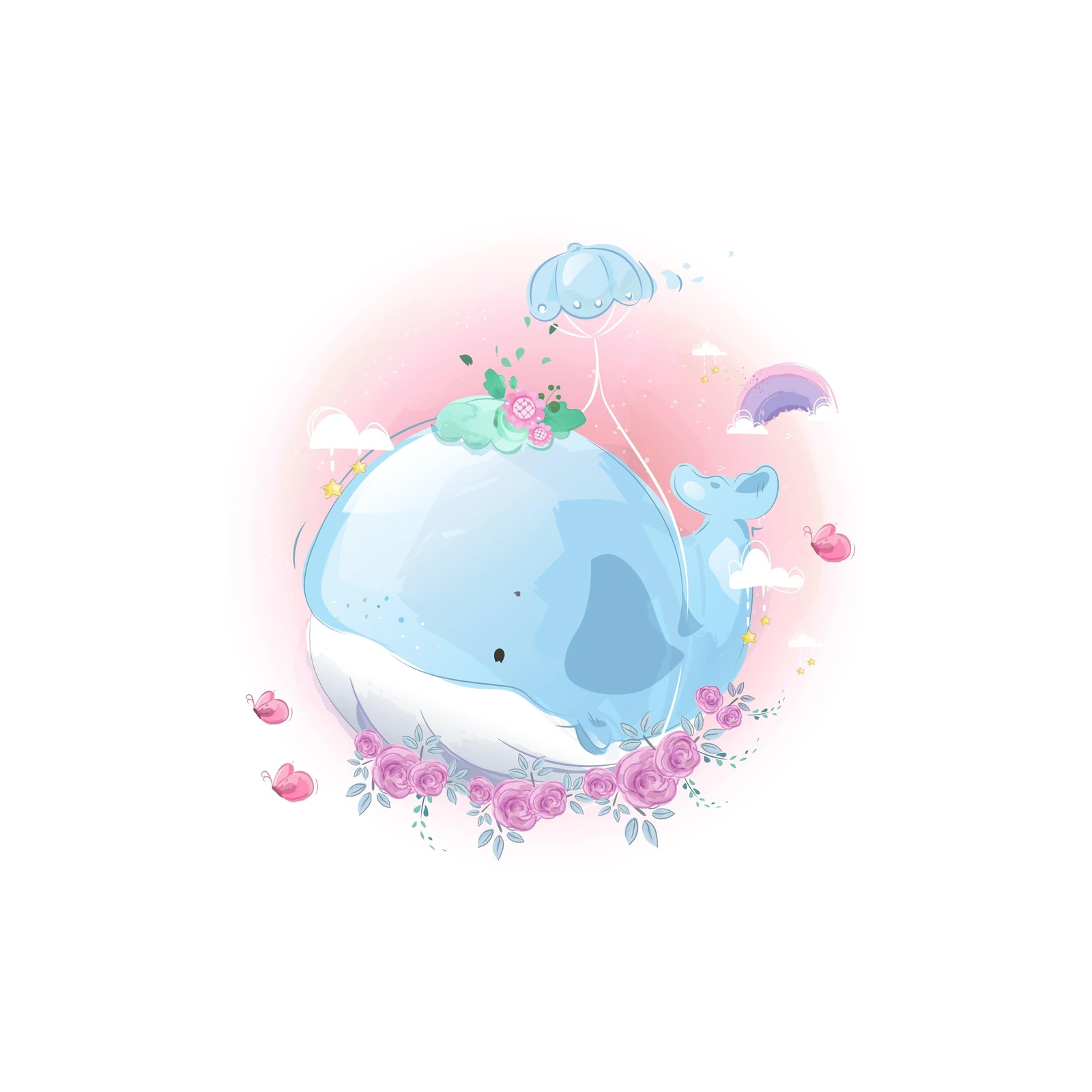 Cute Whale & Flowers Watercolor Wall Art
