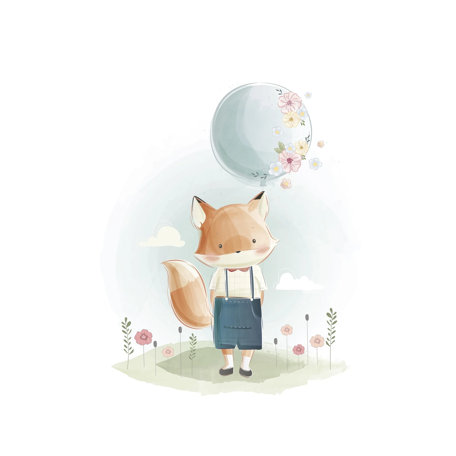 Cute Fox with Balloon Watercolour Wall Art