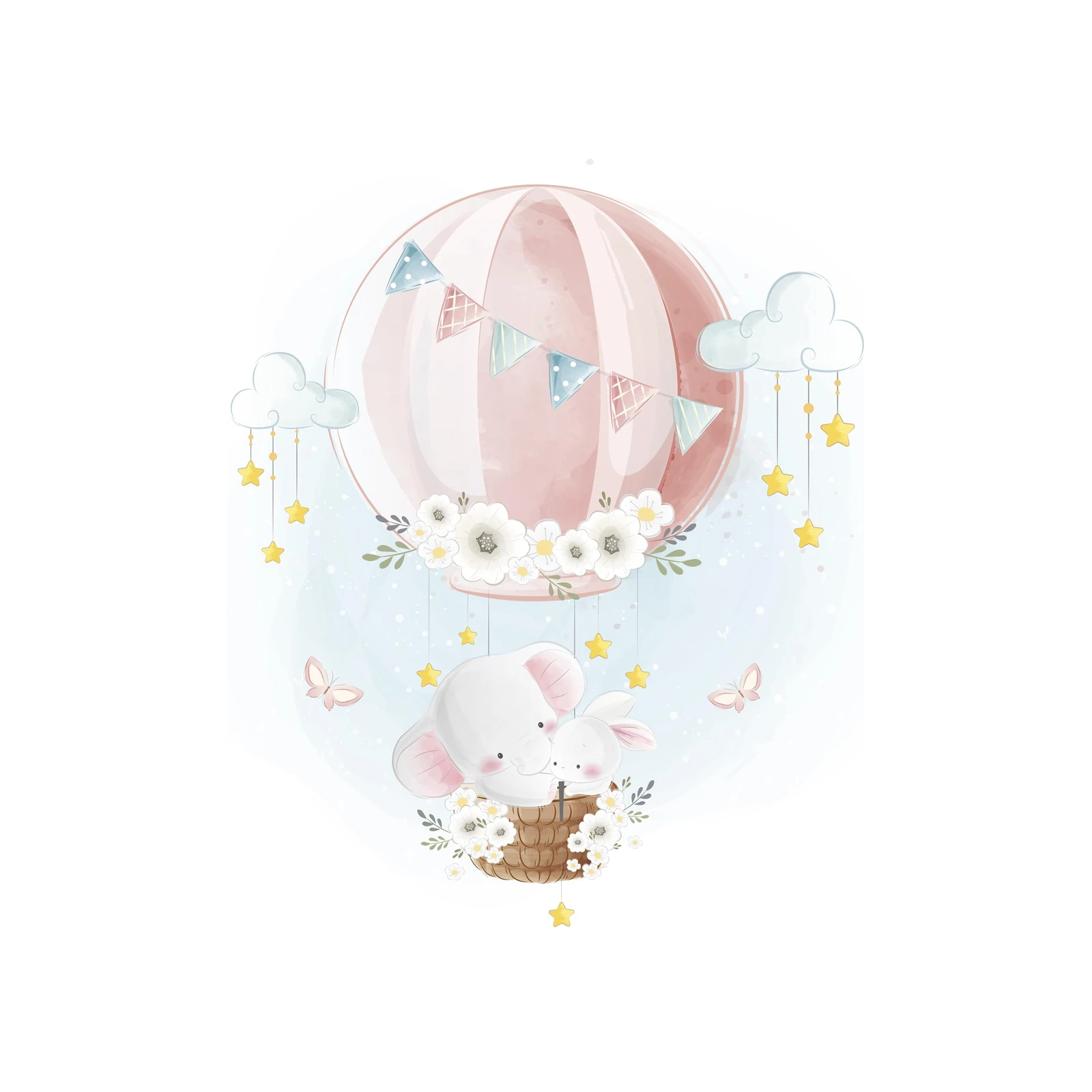Adorable Elephant & Bunny Hot Air Balloon Wall Art