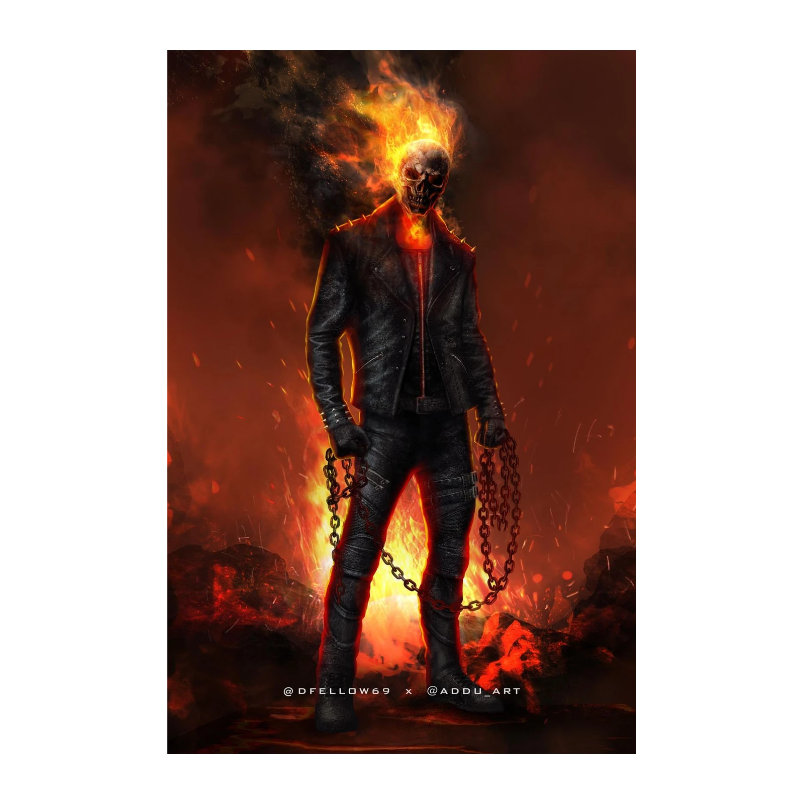 Fiery Ghost Rider Skull Leather Jacket Wall Art