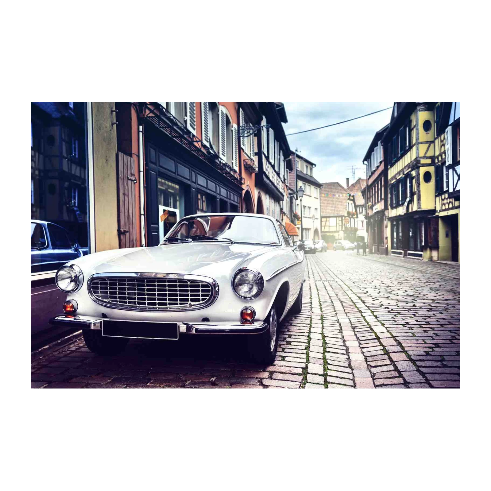 Vintage White Classic Car on Cobblestone Street Wall Art