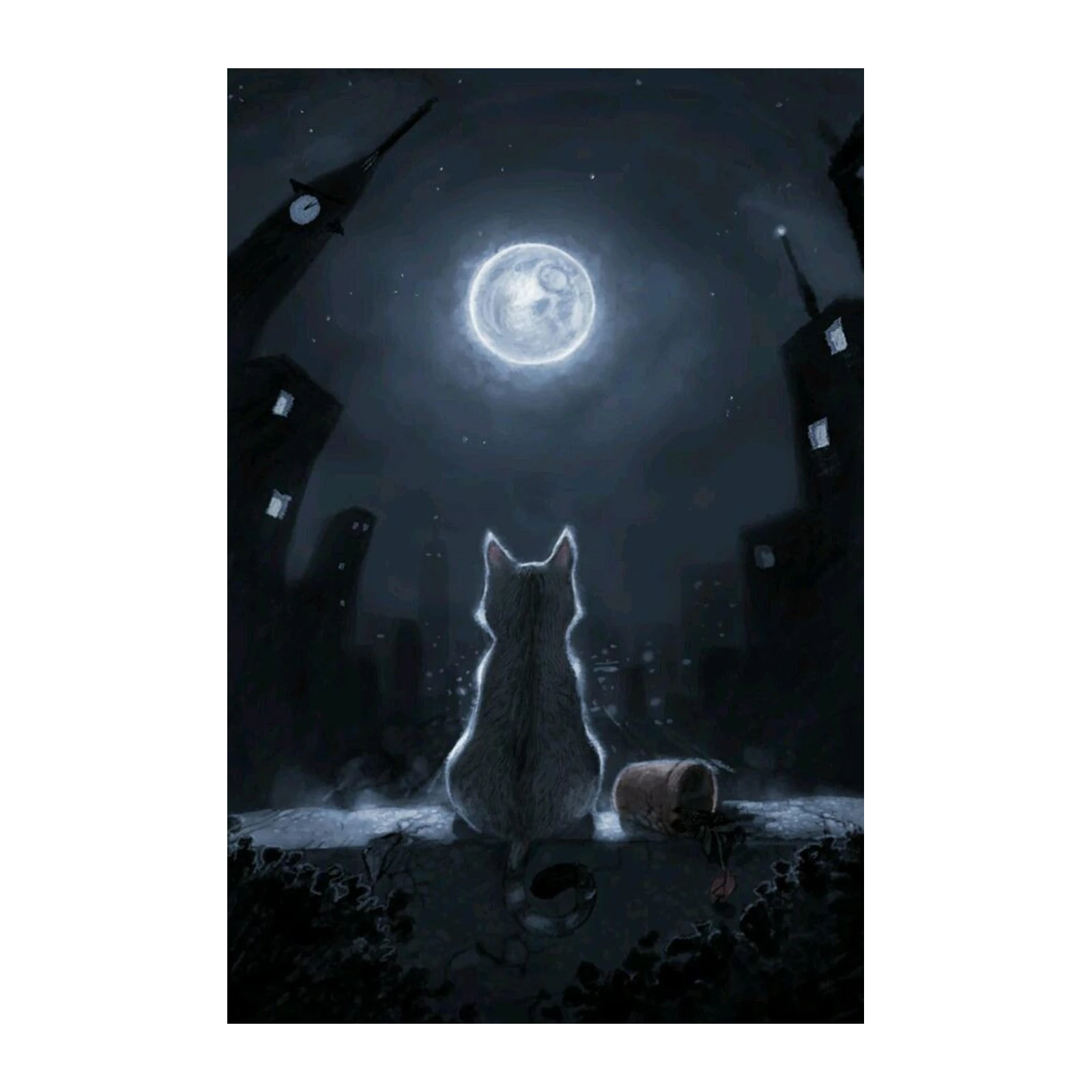 Enigmatic Cat Under Moonlit City Wall Art