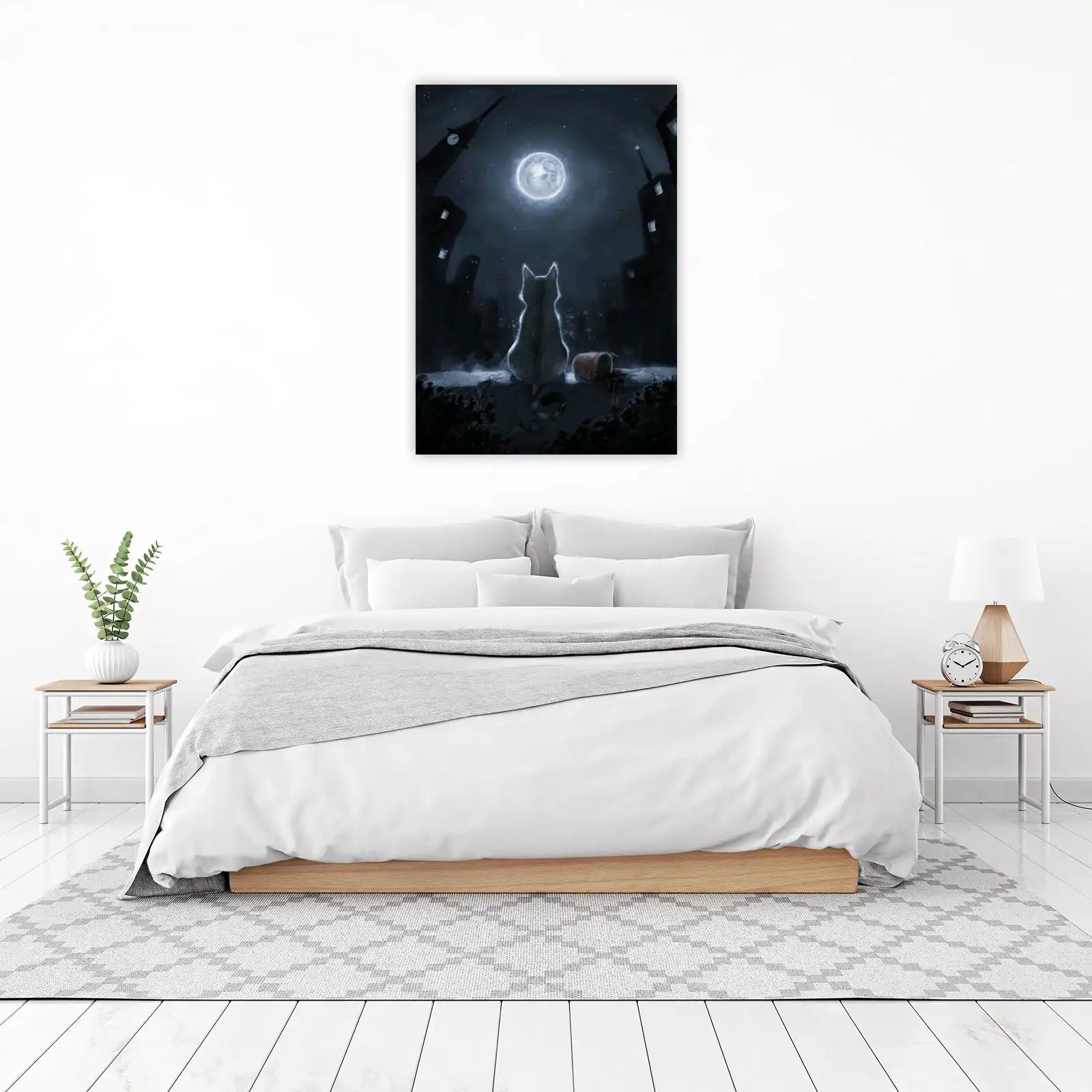 Enigmatic Cat Under Moonlit City Wall Art