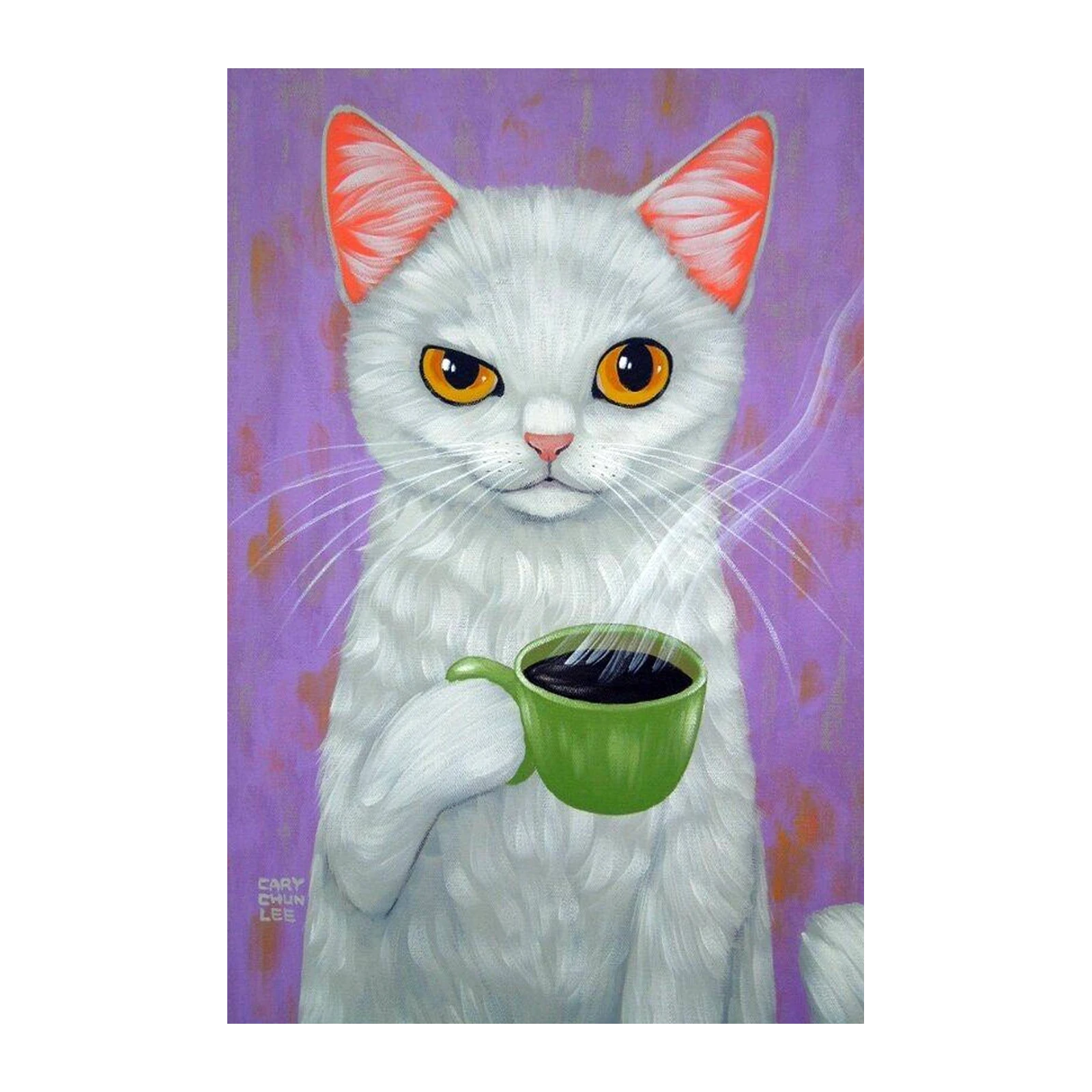 Whimsical White Cat with Coffee Wall Art