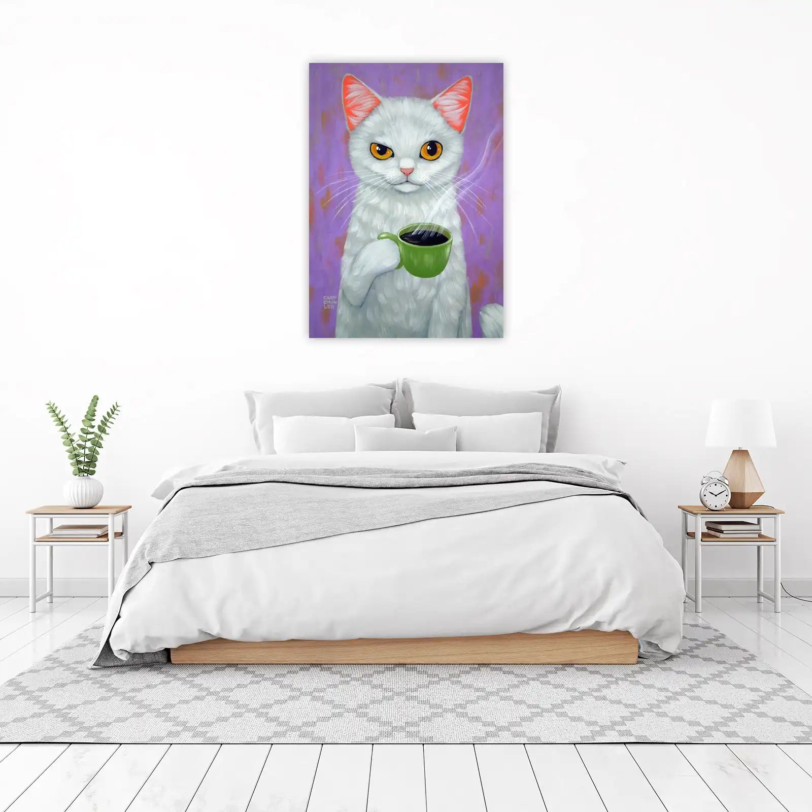 Whimsical White Cat with Coffee Wall Art