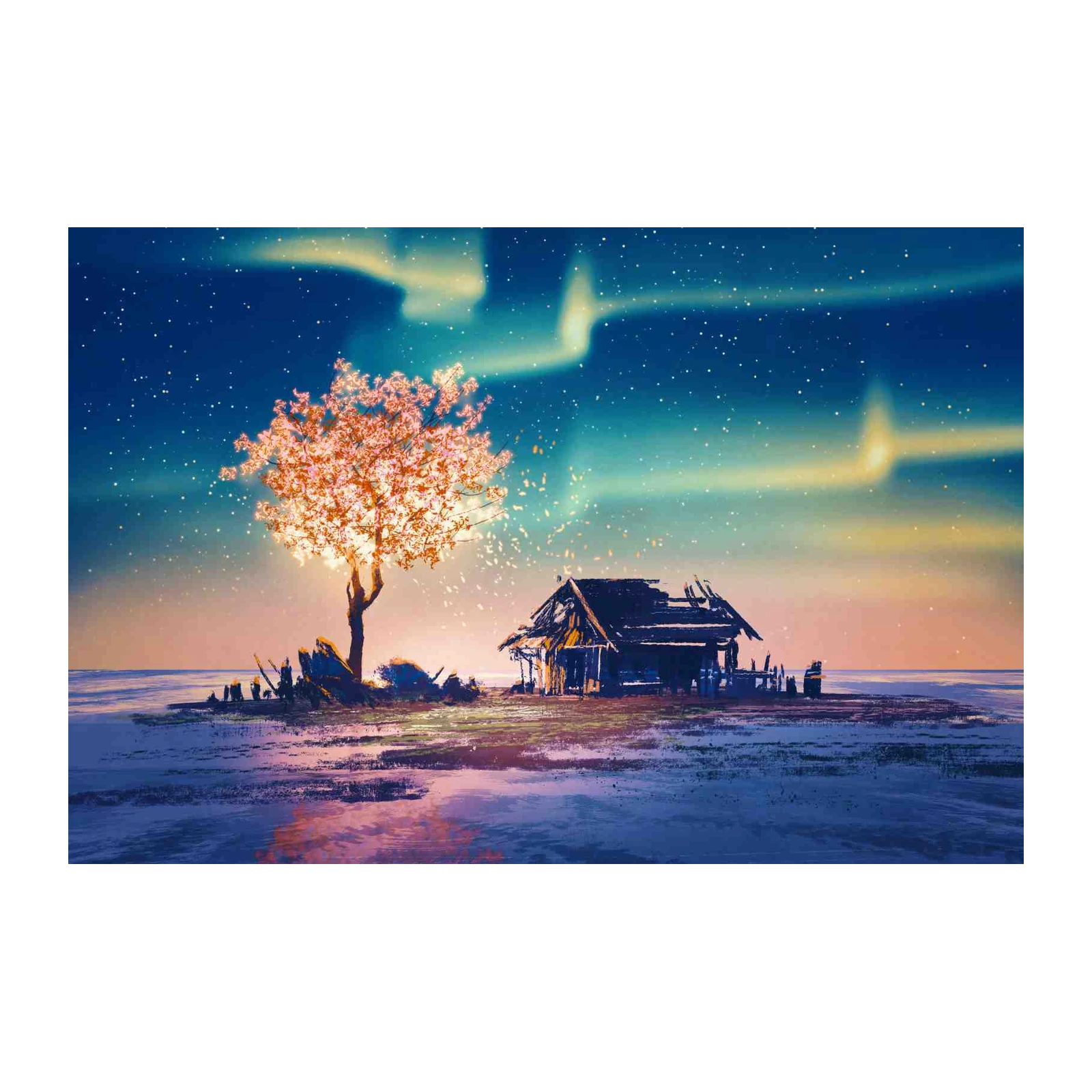Enchanting Aurora Cabin Landscape Wall Art