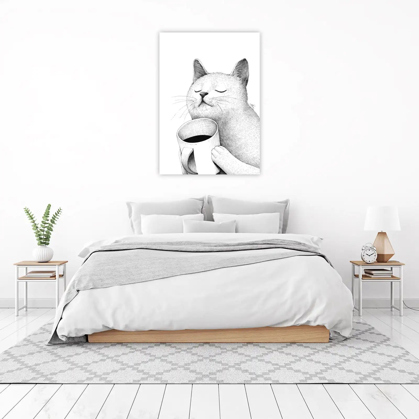 Charming Cat Enjoying Coffee Sketch Wall Art