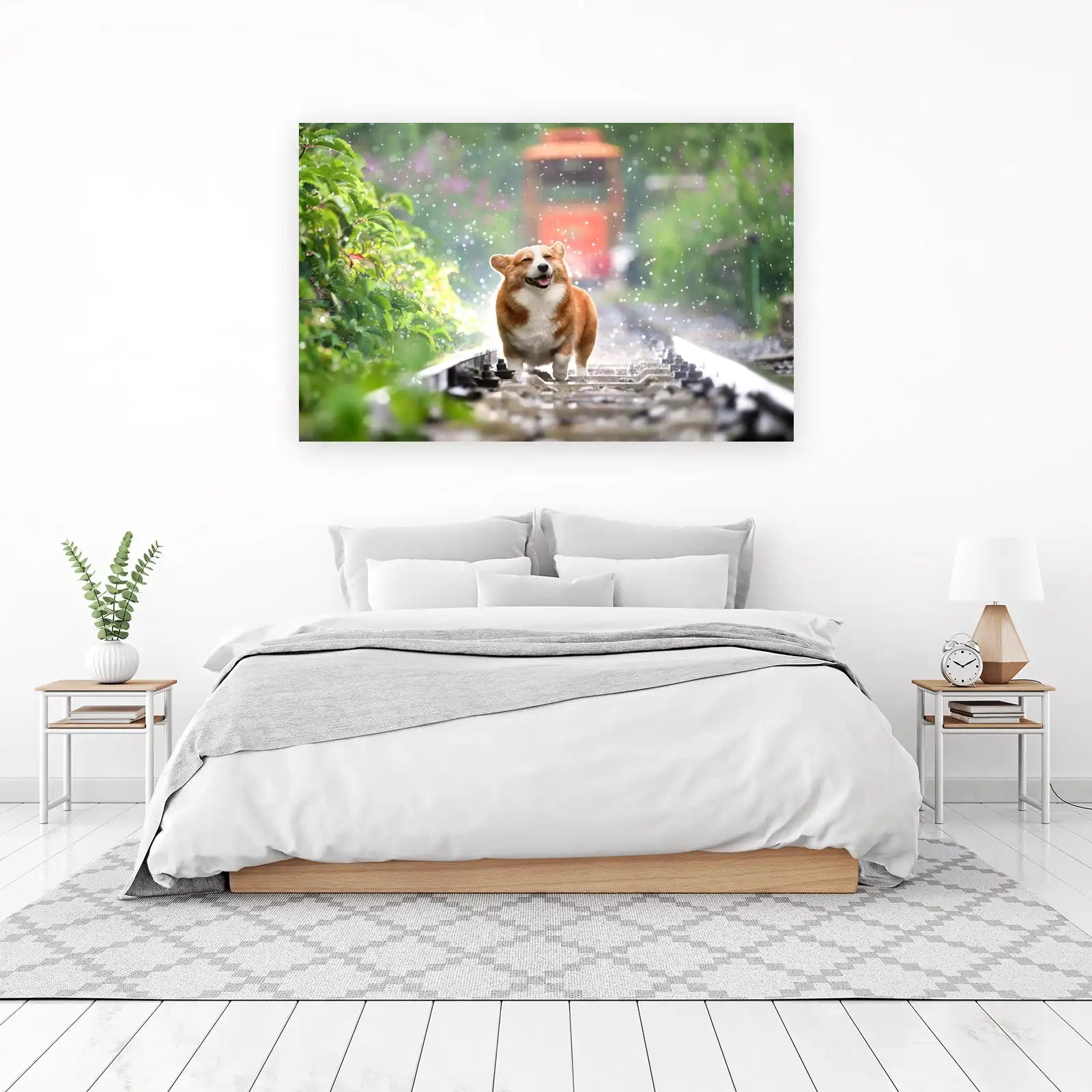 Joyful Corgi on Train Tracks Wall Art