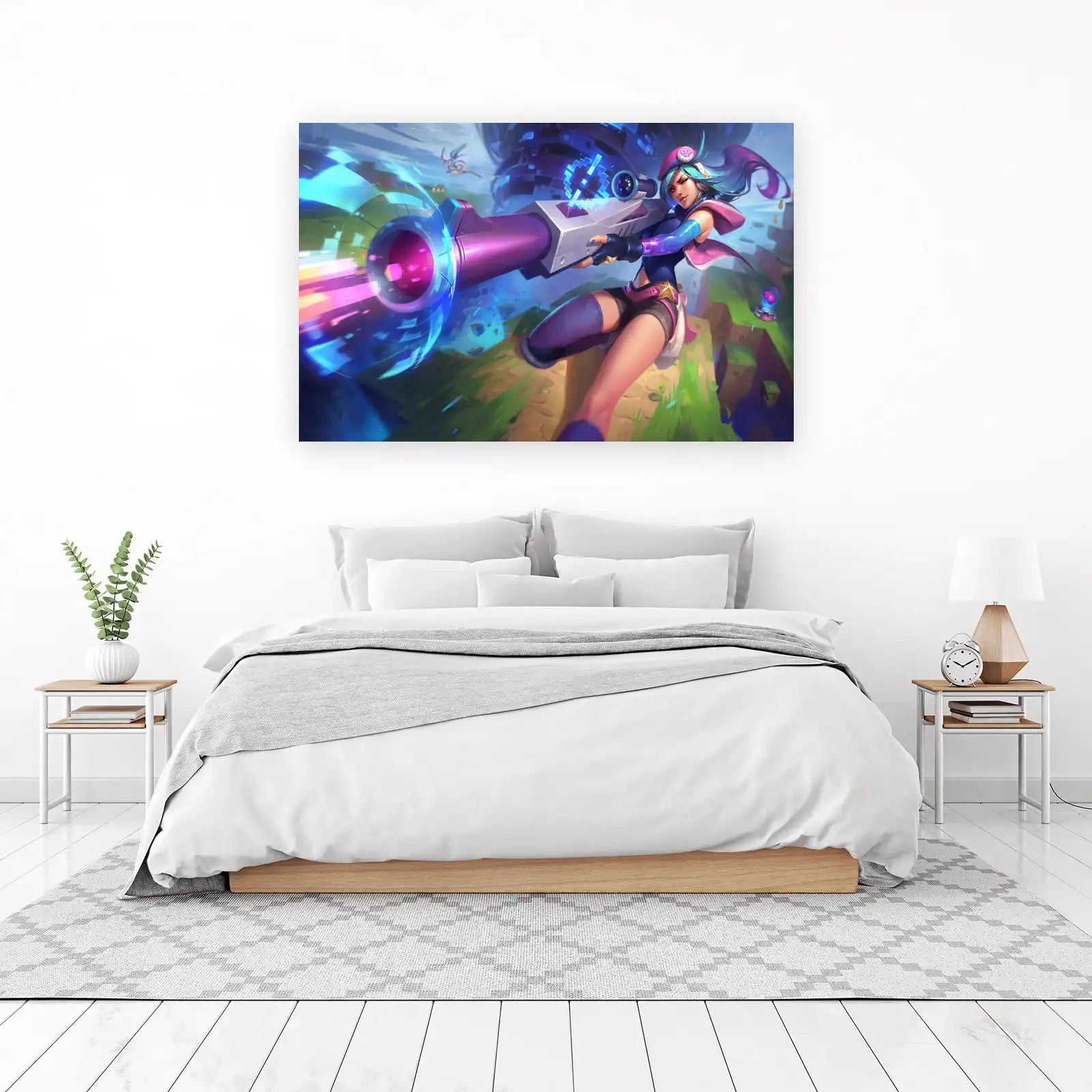 Neon Gamer Girl Futuristic Rifle Wall Art