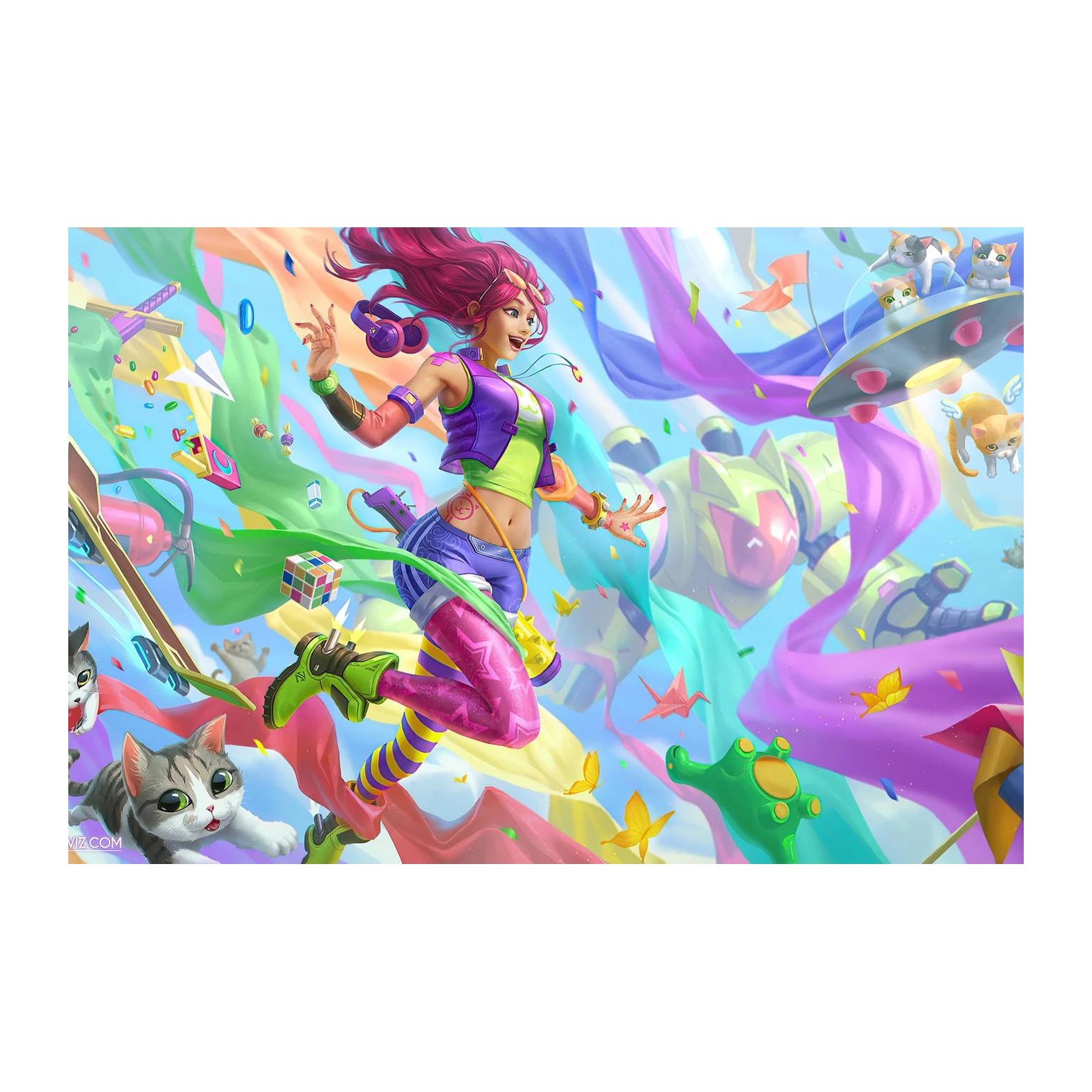 Vibrant Gamer Girl & Cats Wall Art