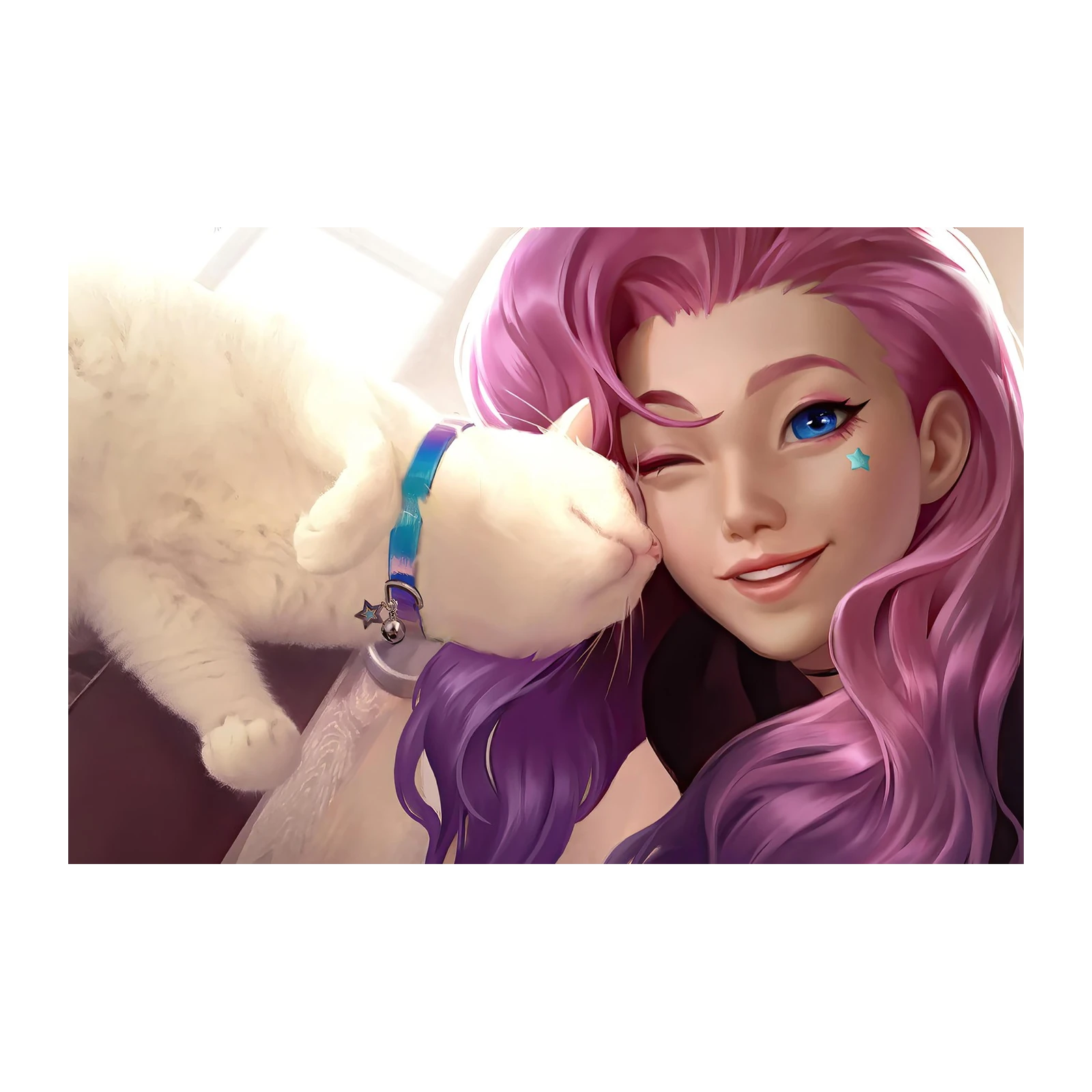Kawaii Star Girl & White Cat Wall Art