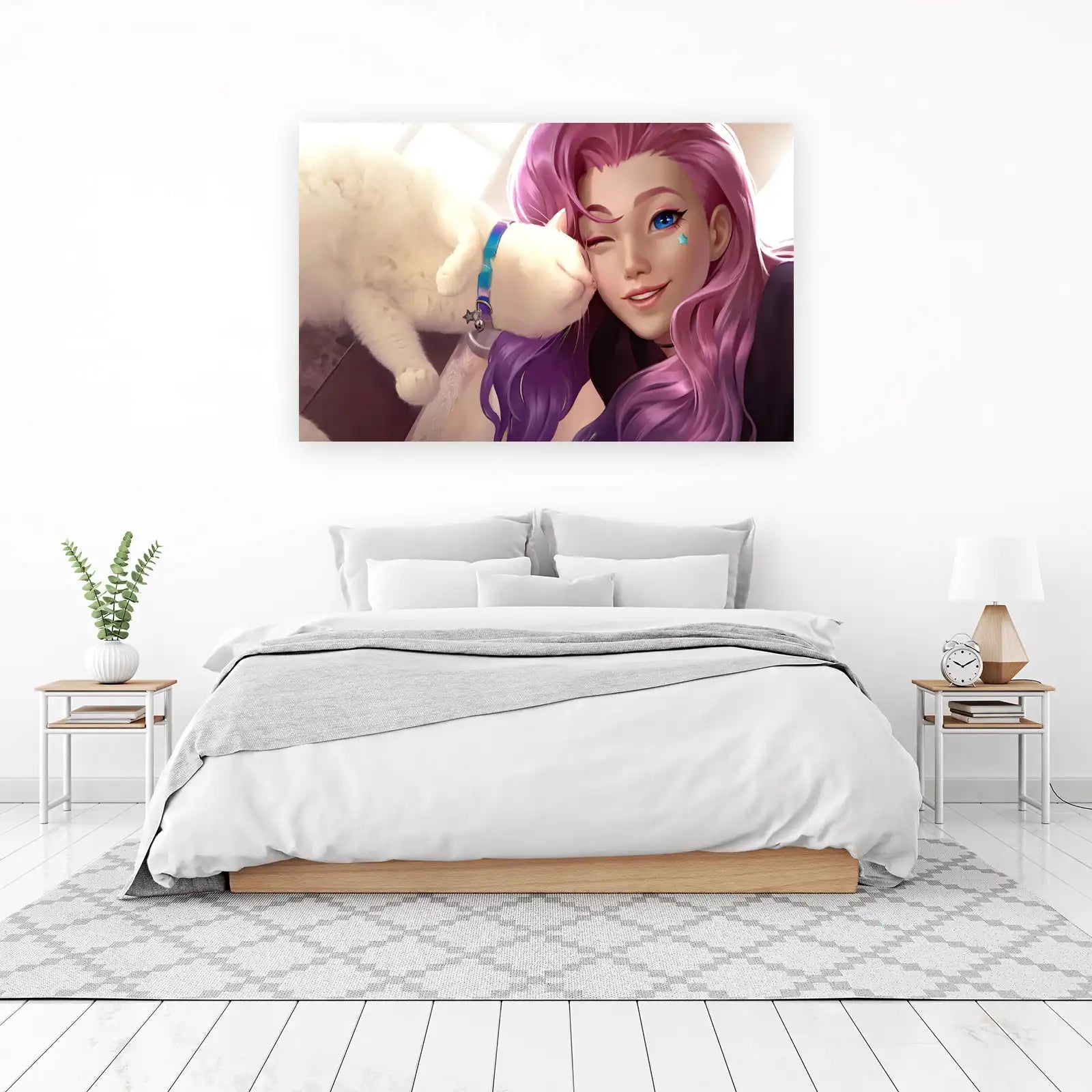 Kawaii Star Girl & White Cat Wall Art