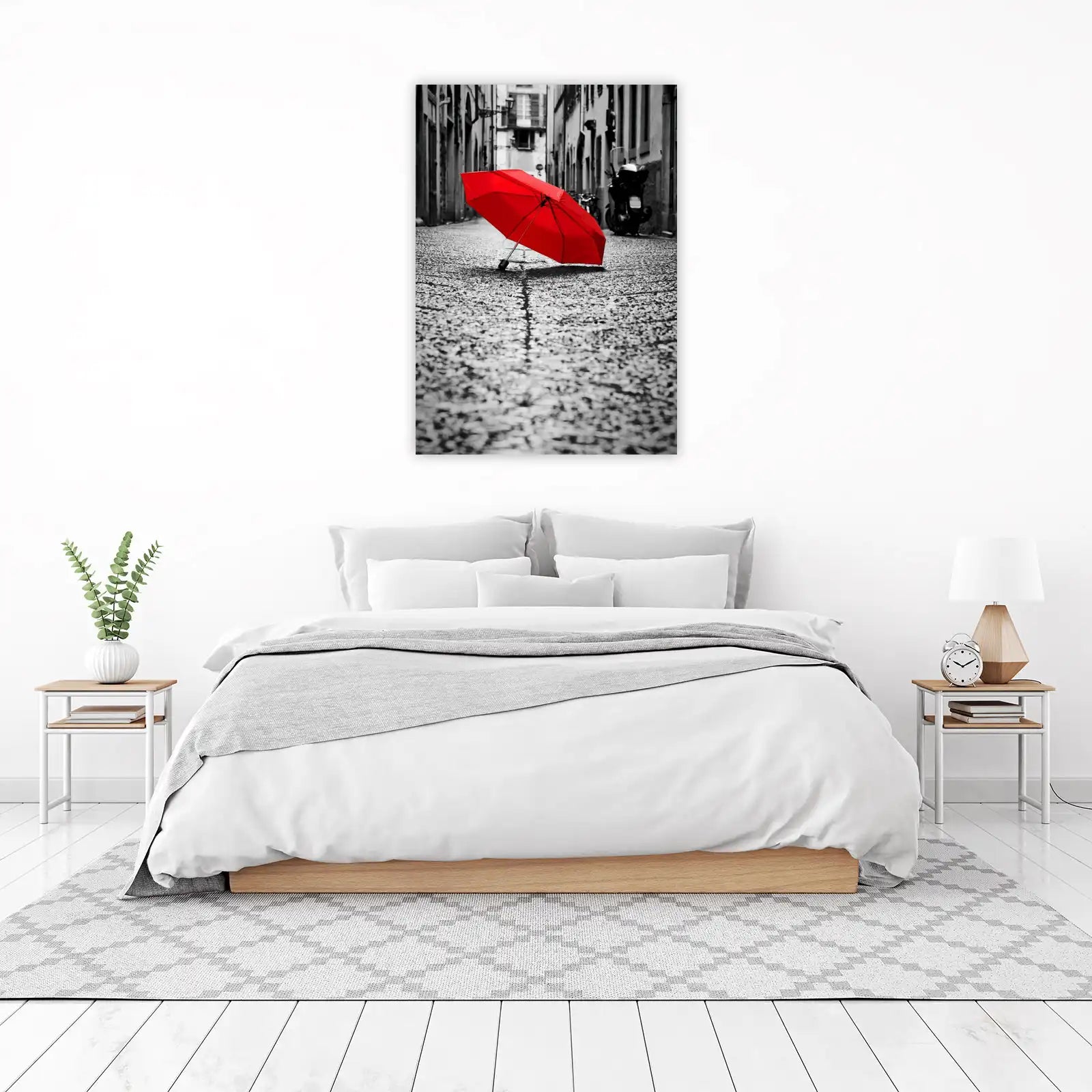 Vibrant Red Umbrella Rainy Street Wall Art